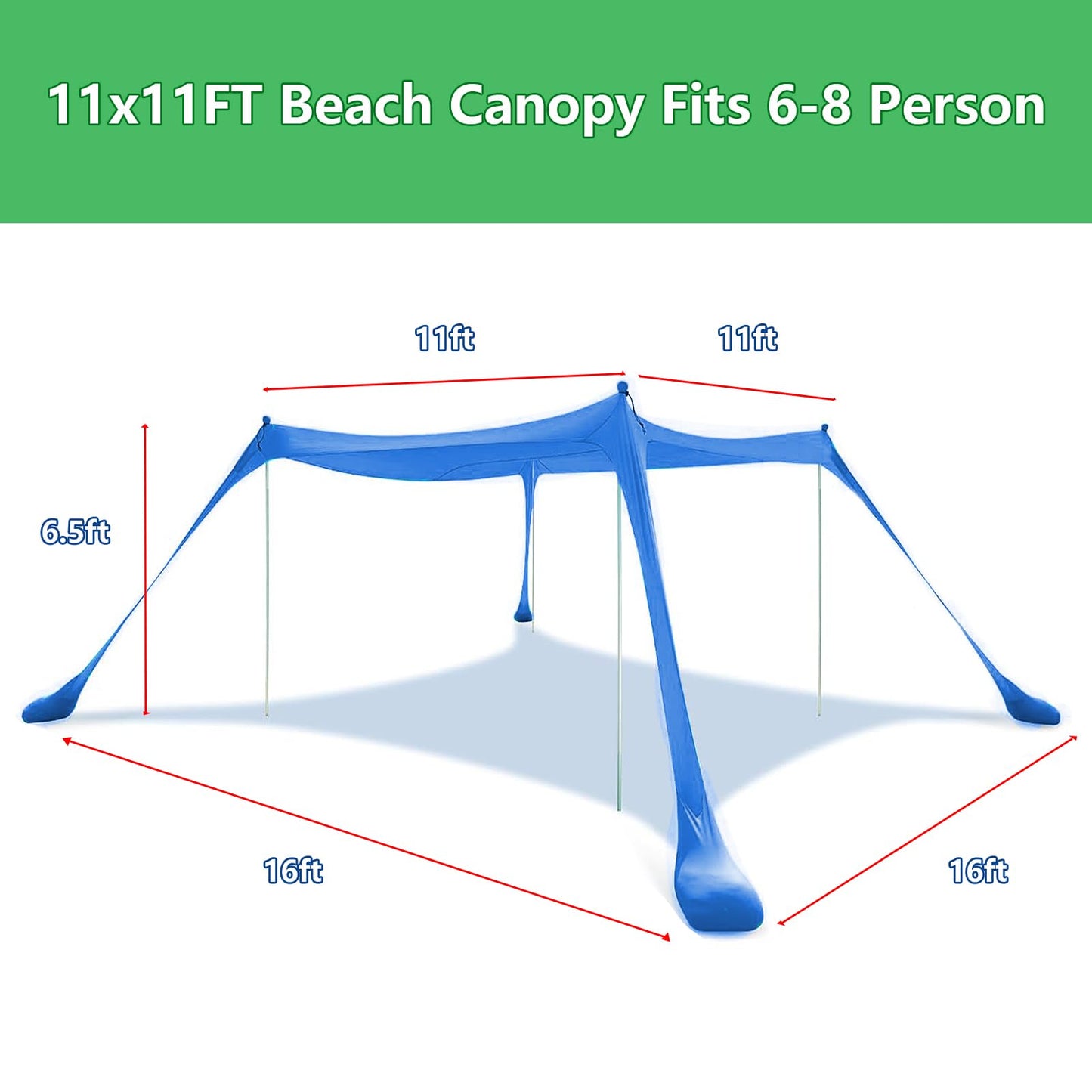 Beach Tent, Beach Canopy UPF50+ with Sandbags, Outdoor Shade 11x11 FT, Camping Tent Sun Shelter for Camping Trips, Fishing, Backyard Fun or Picnics