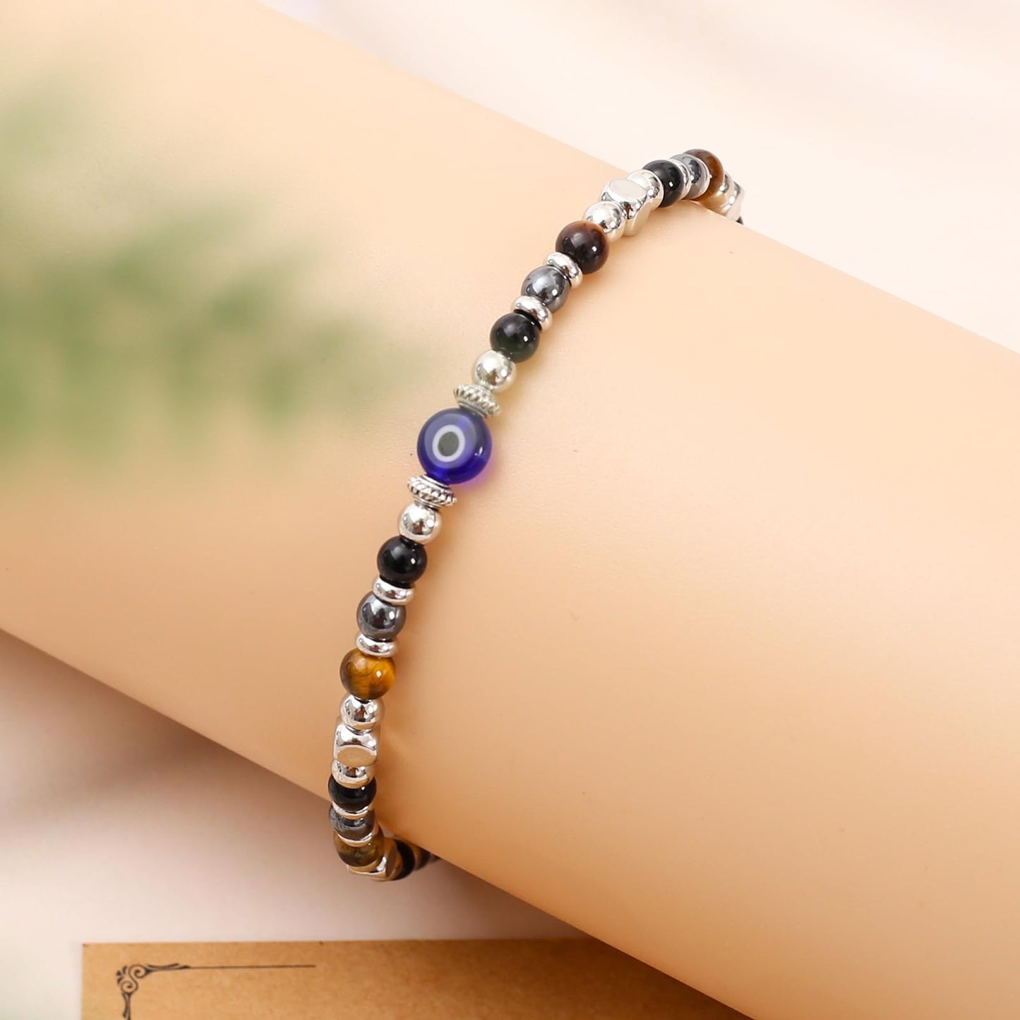 MTJAHPS Protection Bracelet, empath protection, black obsidian Crystals and Healing Stones Bracelet for Women ，Luck ，Anxiety and Stress Clam Bracelet (Evil Eye Triple Threat Protection)