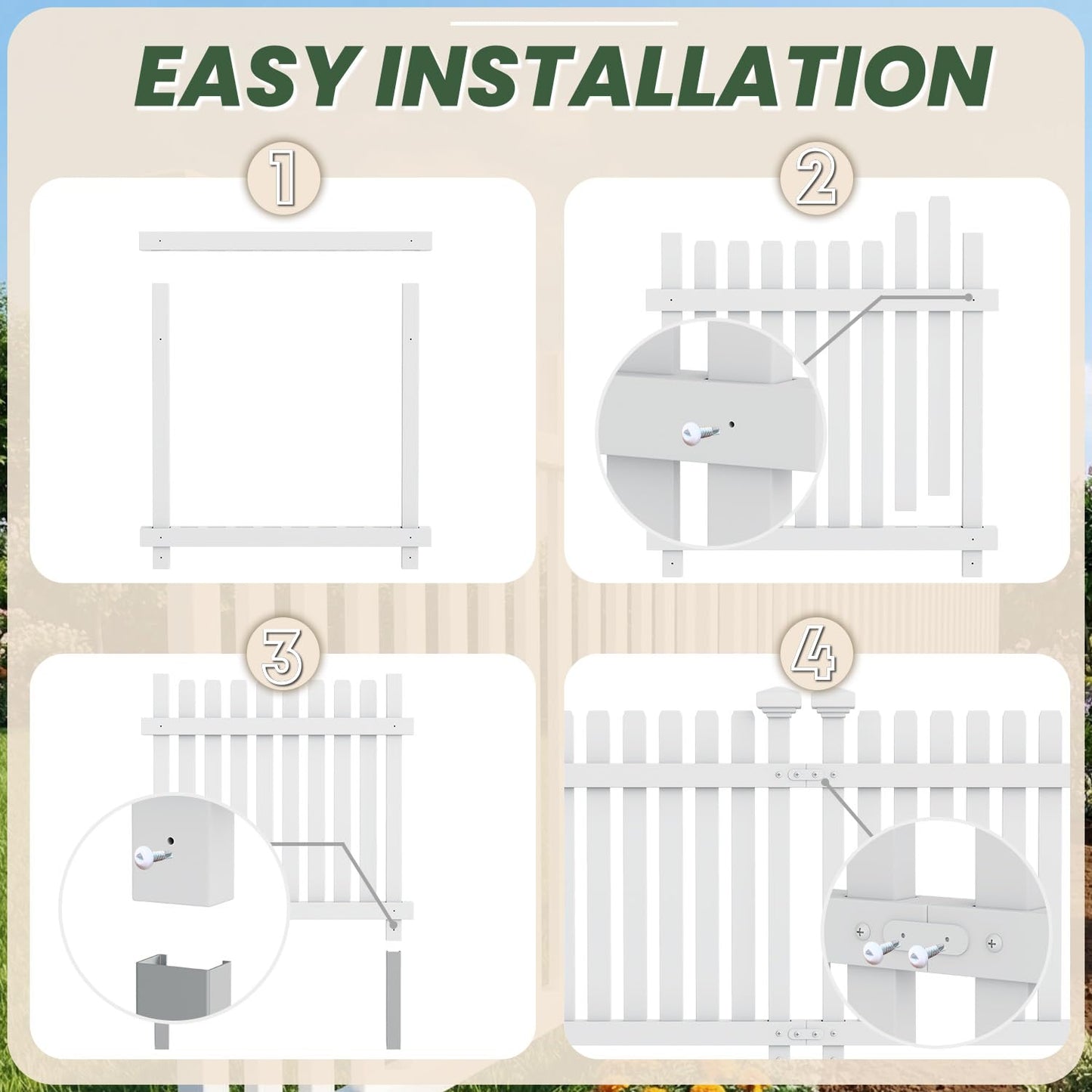 MELLCOM No Dig Garden Picket Fence, 3-Panel 24''W x 24''H Decorative Privacy Fence with Metal Stakes, Garden Fence Border for Backyard, Patio & Yard, White
