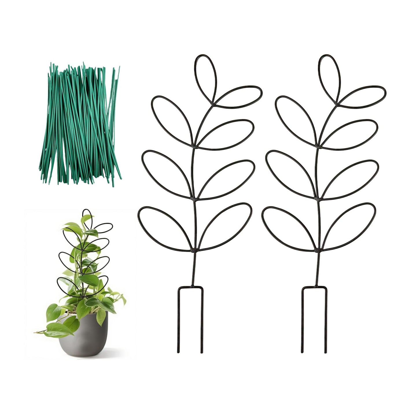2 Pack 14.6 Inch Plant Trellis Indoor for Climbing Plants with 50 Plant Ties, Small Metal Garden Trellis for Potted Plants, Leaf Shaped Support for Ivy Hoya Pothos Monstera Houseplants