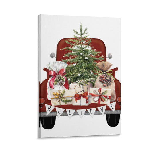 LohxA Festive Red Truck Believe Banner Tree Presents Print - Custom Holiday Wall Decor ， Christmas Signs P Canvas Wall Art Print Poster For Home School Office Decor 12x18inch(30x45cm)