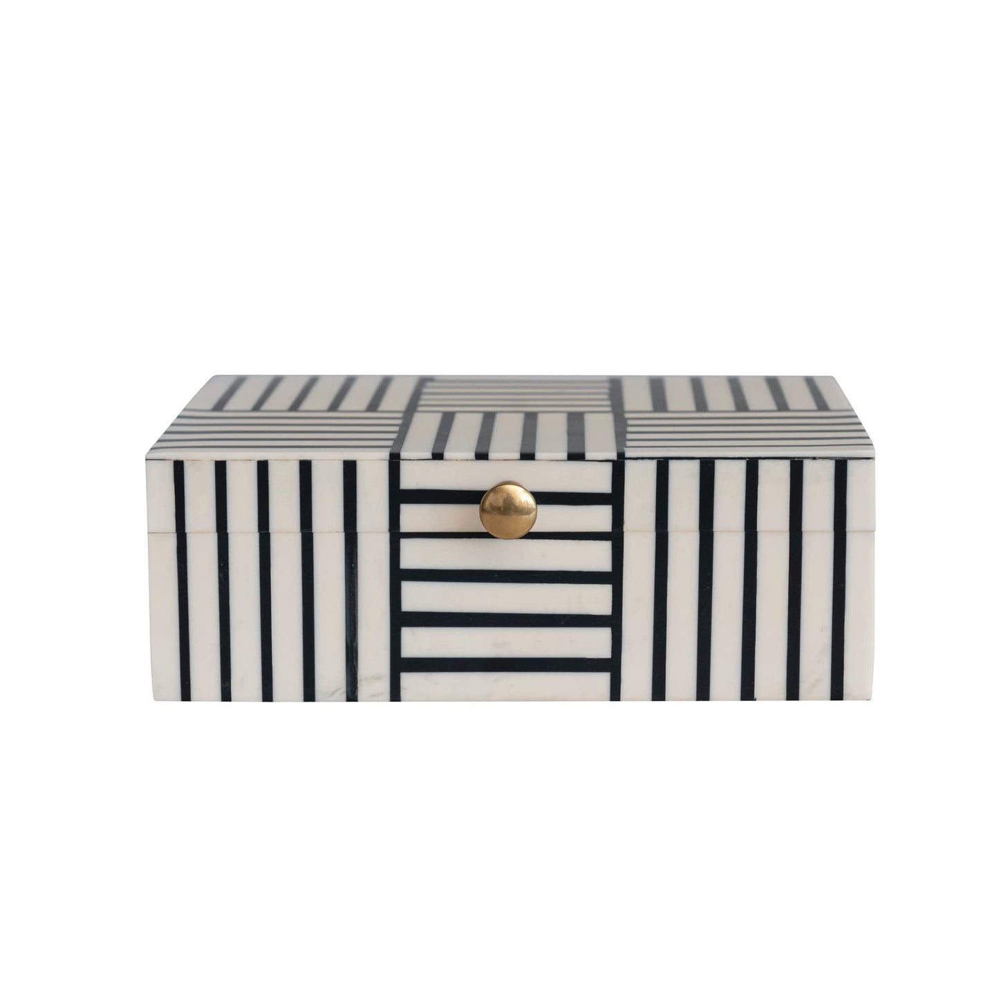 Bloomingville Plastic Storage Box with Striped Block Pattern and Gold Knob, Black and White