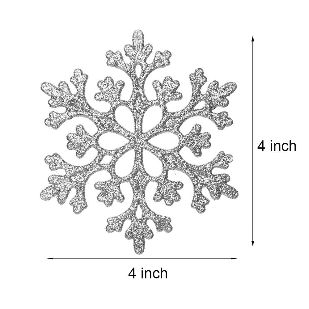 Eokeanon 36 Pack Silver Glitter Snowflake Ornaments, Plastic Christmas Glitter Snowflake Winter Wonderland Christmas Tree Decorations, 4 Inch, Silver