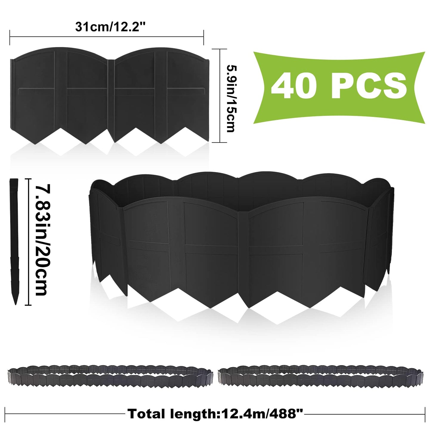 Vashly 40Ft Landscape Edging No Dig, 5.9In Garden Edging Border with 40Pcs Stakes, 40Pcs Plastic Flower Bed Border Flexible for Landscaping, Lawn Patio, Pathway, Black