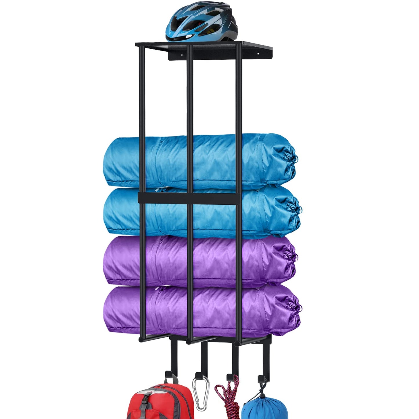 Camping Chair Wall Storage for Garage, Metal Camping Chair Storage Rack Wall Holder, Floating Shelf, 4 Hooks, Stainless Steel, Beach Chair Rack, Umbrella Holder, Garage Chair Organizer, Matte Black