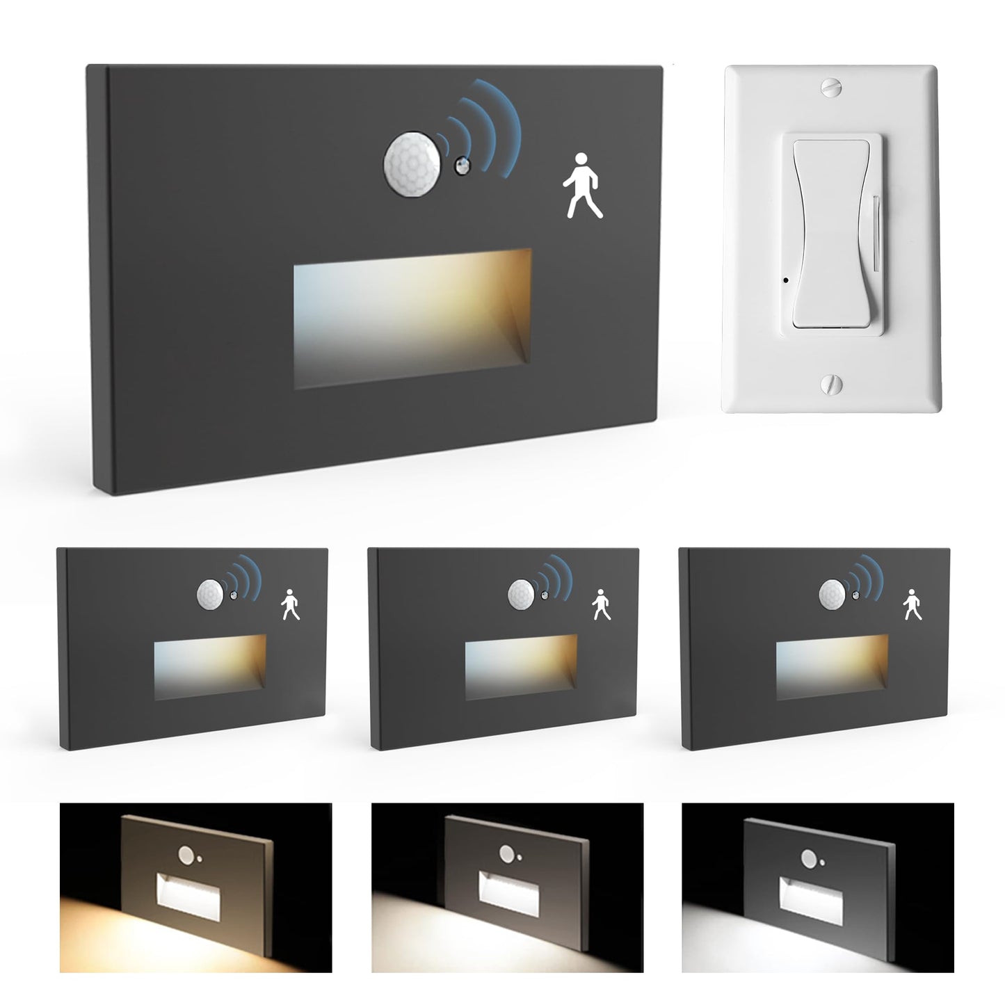 Jandov 4 Pack Motion Sensor Stair Lights Indoor Outdoor,Dimmable Motion Activated Step Lamp 3000K/4000K/6000K,Hardwired 120V 4W IP65 Waterproof Outside Stairway Light,Led Staircase Lights- Black