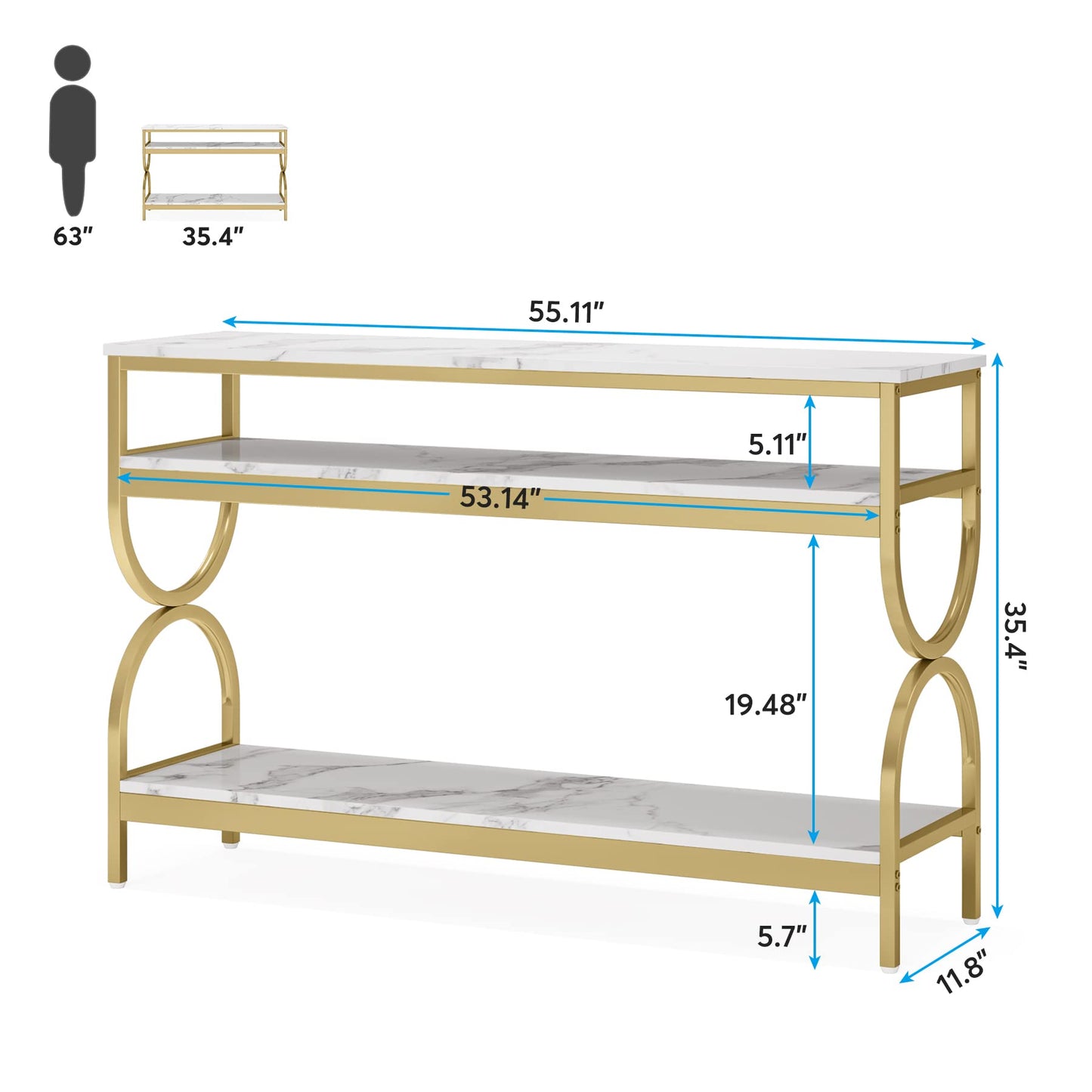 Tribesigns 3-Tier Console Table, 55 inch Sofa Table with Open Storage Shelves, Narrow Long Hallway/Entryway Table with Faux Marble Top for Home Living Room Entryway, White & Gold