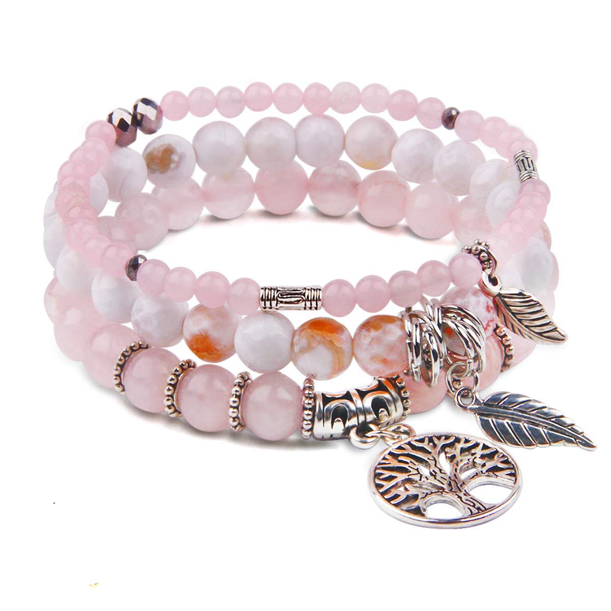 Jardme Rose Quartz Healing Pink Crystal Bracelets for Women, 8mm Beaded Natural Stone Stretch Chakra Bracelets Tree of Life Bracelet Jewelry Gifts for Women