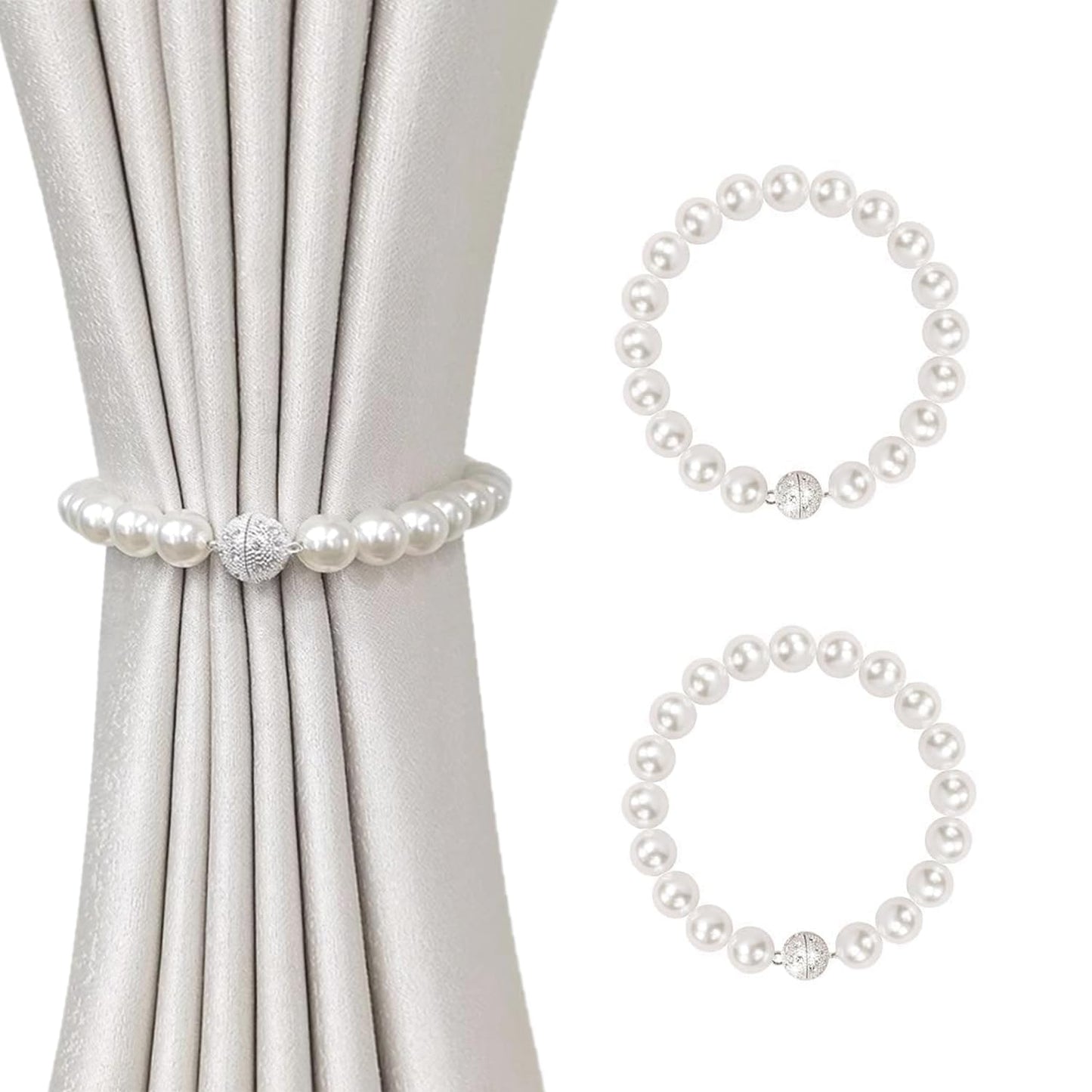 Magnetic Curtain Tiebacks, Curtain Holders for Bedroom Decor, 2 Pack Pearl Curtain Tiebacks for Home, Office, Window Decoration(White)