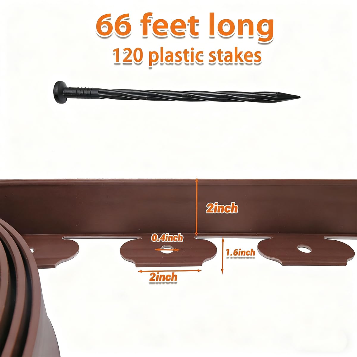 Landscape Edging, No Dig Garden Edging for Lawn Edging,Landscape Border Passway Border and Flower Bed Border (Plastic Stakes, Brown-66feet)