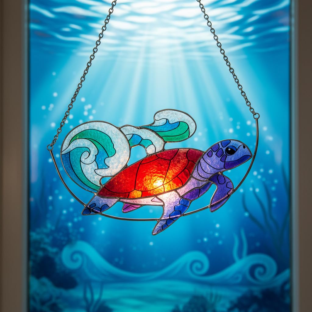 Sea Turtle Stained Glass Window Hanging, Ocean Sea Life Sun Catchers Indoor Panel, Nautical Suncatcher Decor for Home, Wall, Garden, Coastal Ornament Gift for Women, Beach Lovers