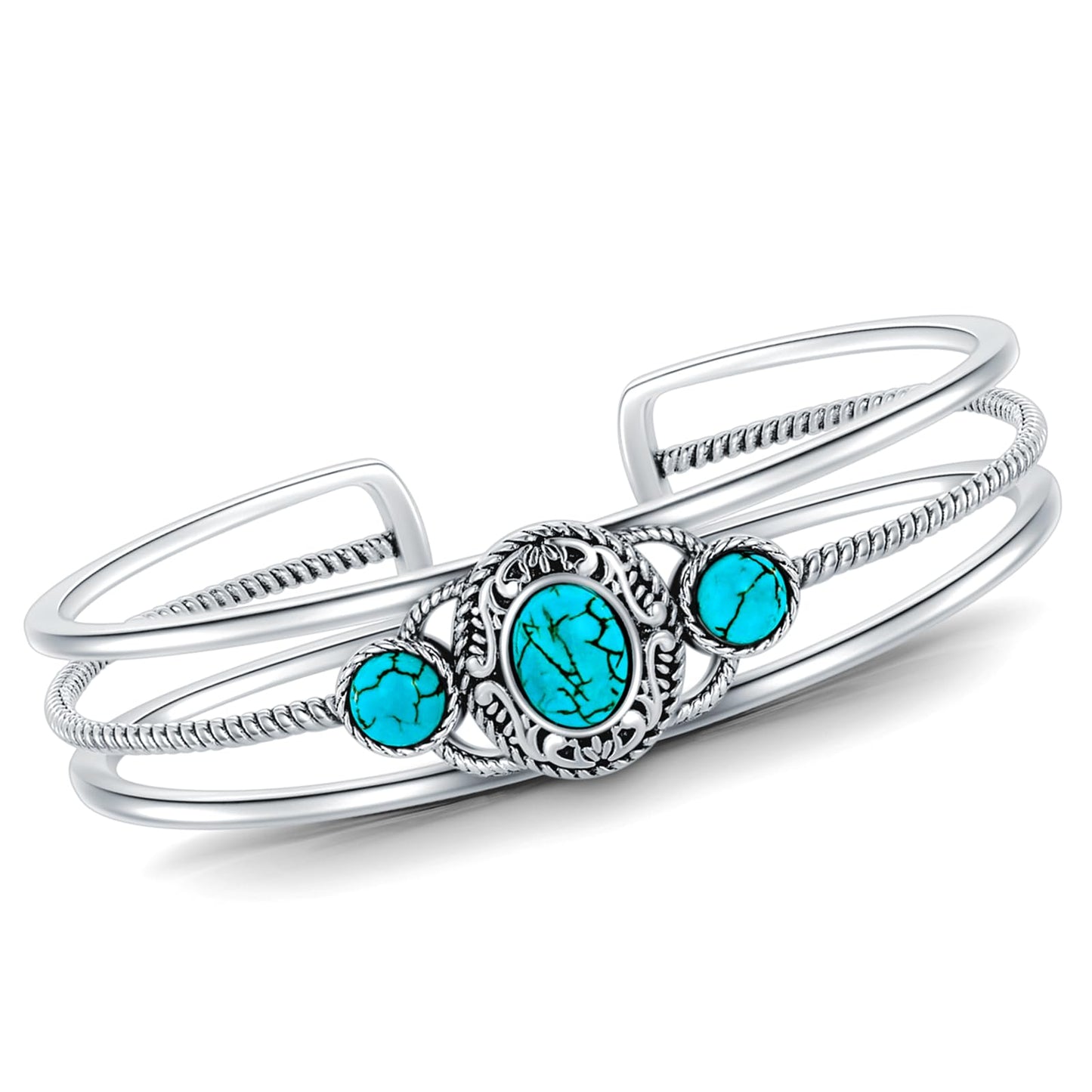 DOLIOX Genuine 3 Turquoise Stone Bracelet, Sterling Silver Boho Adjustable Bangle Cuff Native American Vintage Jewelry for Women, Fit for 6.5 7 7.5 Inches