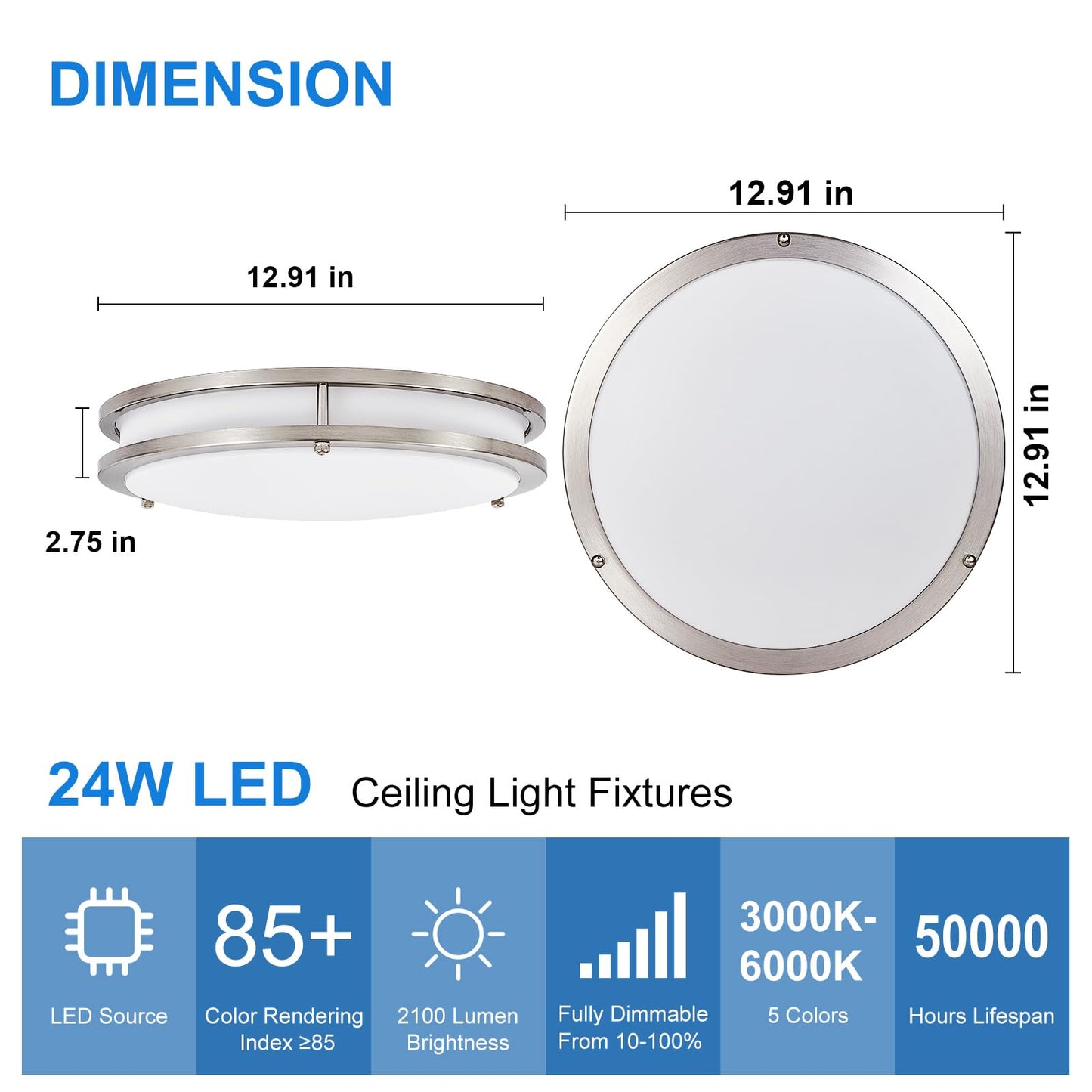 DLLT Flush Mount LED Ceiling Light: 13 Inch 5CCT (3000K-6000K) & Dimmable Ceiling Light Fixtures for Bedroom Hallway - 24W Modern Brushed Nickel Super Bright Kitchen Lighting Fixtures Ceiling