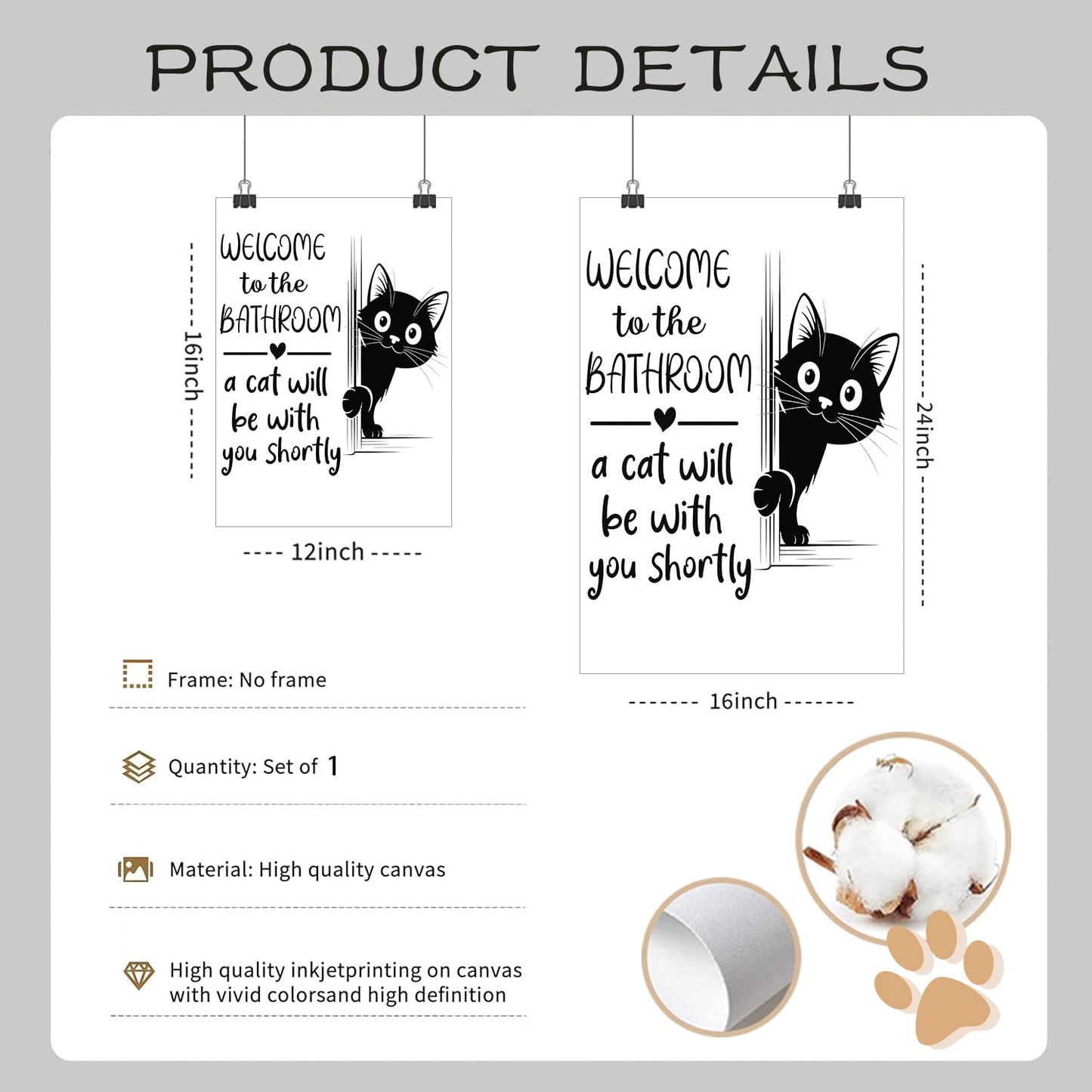 HNNXAR Funny Cat Bathroom Wall Art,Welcome To The Bathroom A Cat Will Be With You Shortly Paintings Posters,Black and White Funny Canvas Pictures Prints,Cute Black Cat Wall Decor 12x16in Unframed
