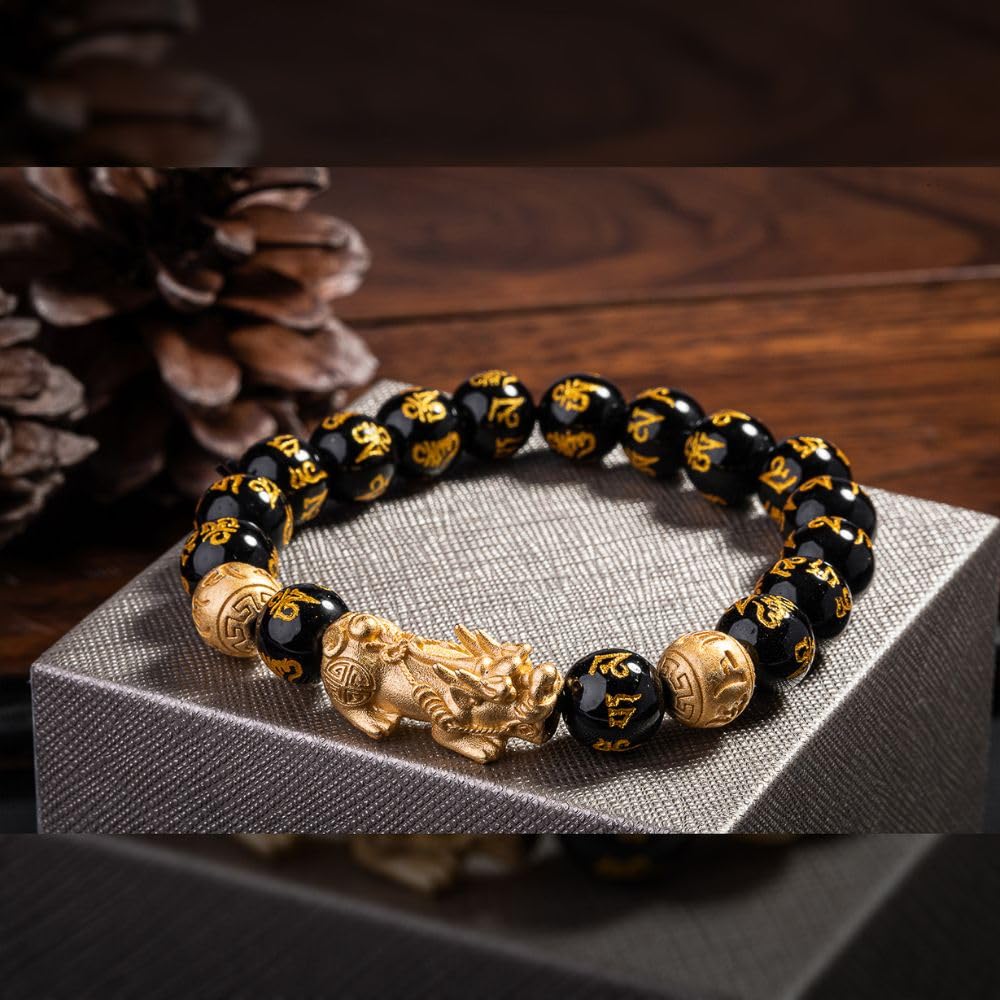 Buddha & Karma Feng Shui Pi Xiu/Pi Yao Black Obsidian Bracelet – Lucky Charm for Wealth, Protection & Success – Energy Healing Jewelry for Men & Women