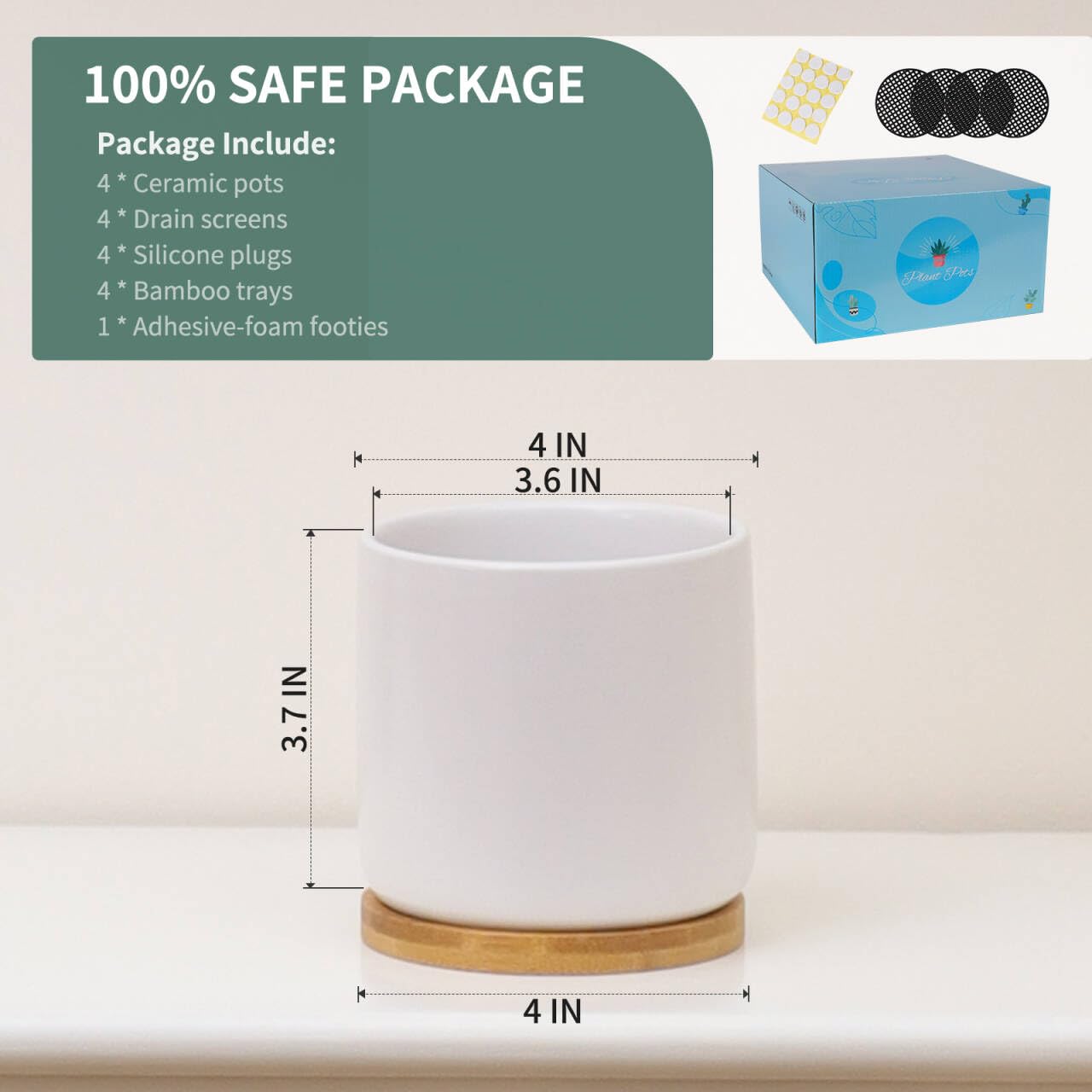 TAMAYKIM 4 Inch White Ceramic Plant Pots with Drainage Holes, Adorable Flower Planter Pot with Tray for Indoor Succulent Plants, Snake Plants, Cactus & Herbs, Set of 4 (Plant Not Included)