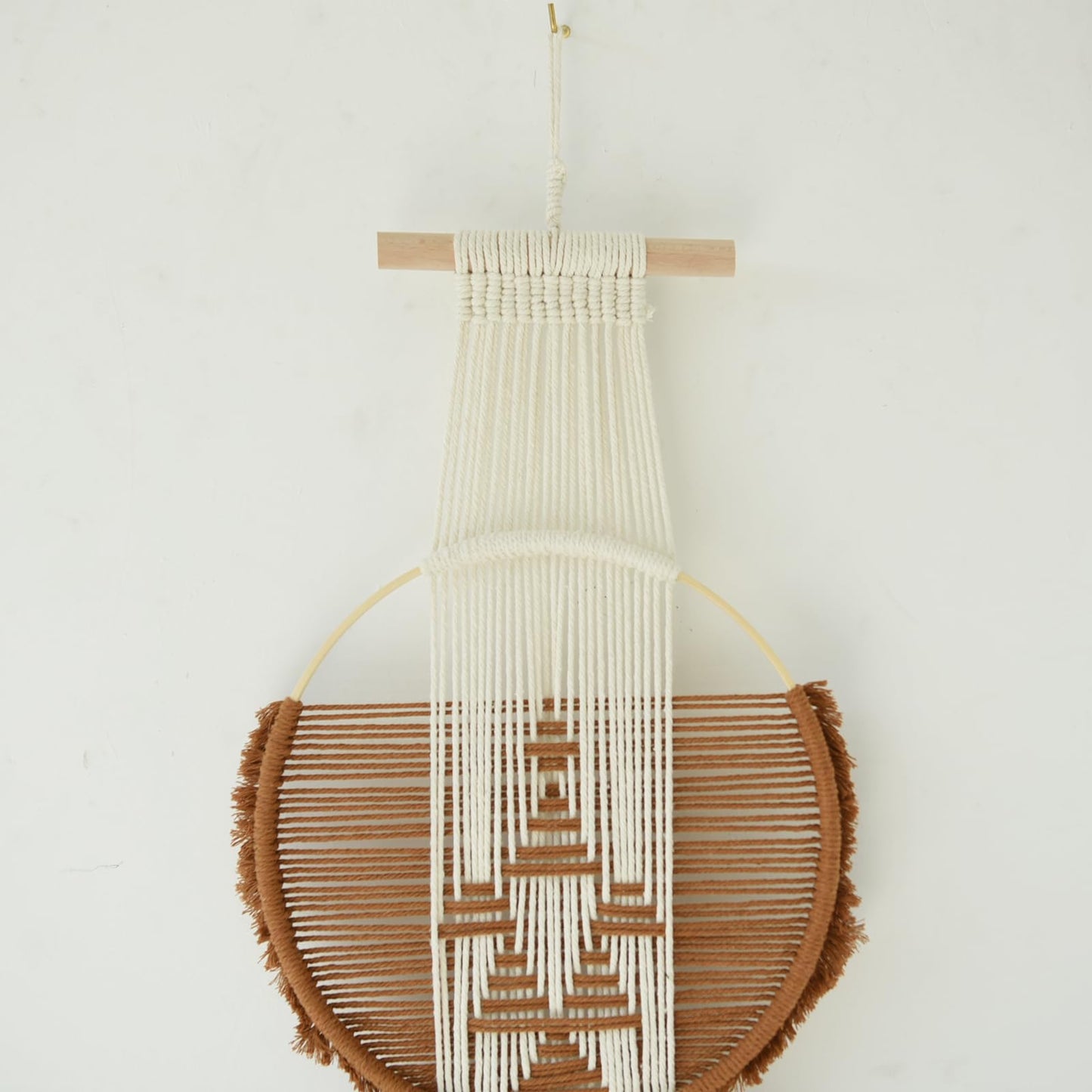 Flber Macrame Wall Hanging Brown and white Boho Wall Decor Art Living room wall art Round Handmade Geometric Lines Home Décor 11.8W x 65L