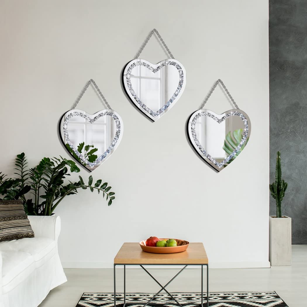 DMDFIRST Crystal Crush Diamond Heart Shaped Silver Mirror with Silver Stainless Steel Chain for Wall Decoration 12x12x0.5 inch Frameless Glam Mirror