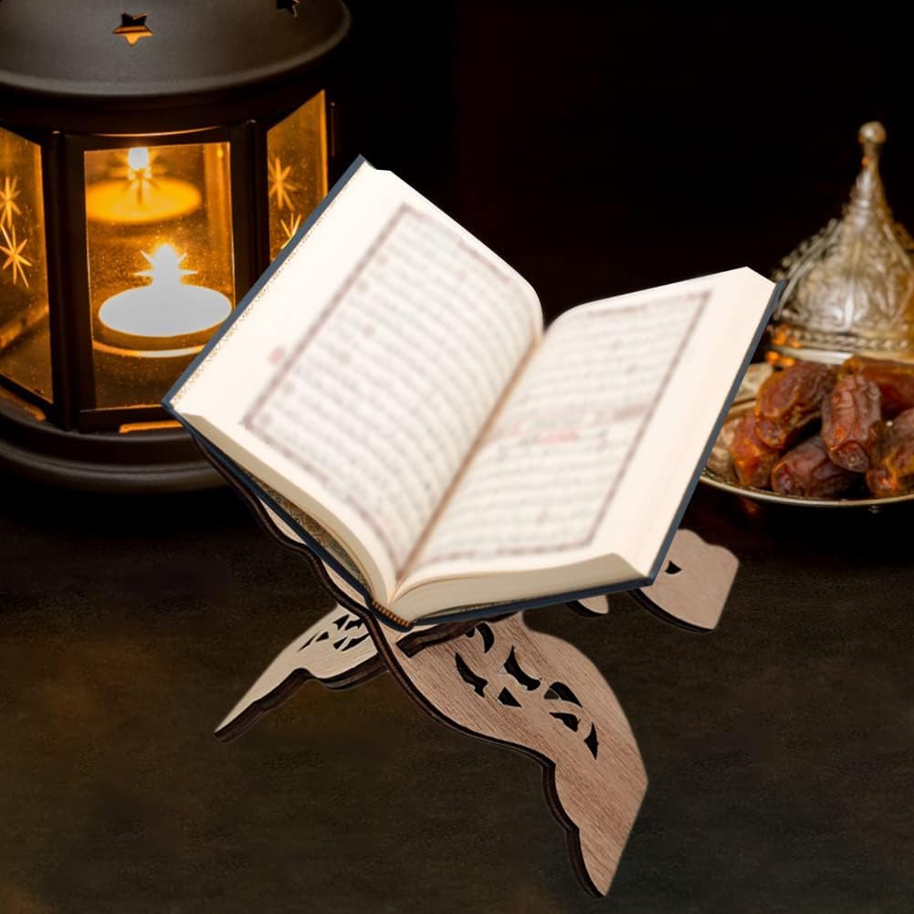 Ykybhx Quran Book Stand Quran Holder Stand Wooden Foldable Book Holder Bible Display Stand with Intricate Carvings for Bible Quran Eid Mubarak Ornament for Church and Chapel Prayer Book Stand A