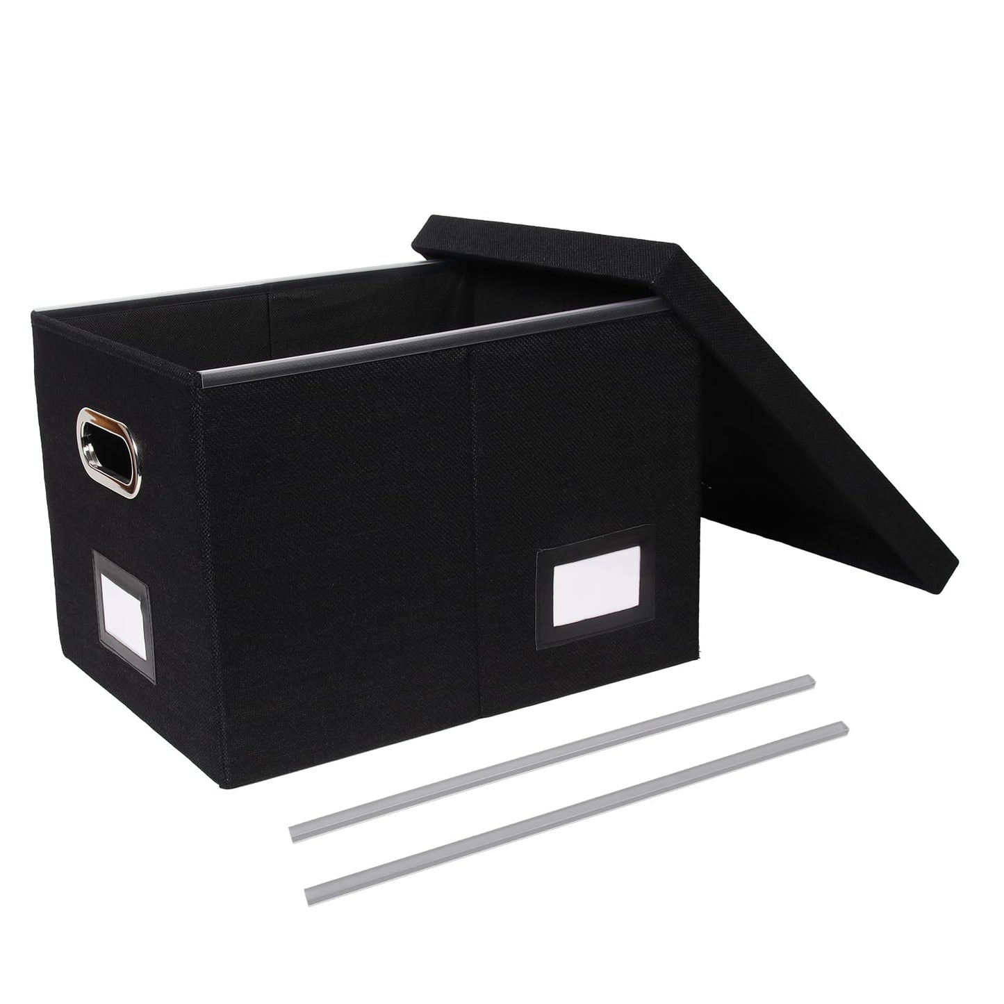 Tcbelosion Portable File Organizer Box with Lid, Filing Box with Handle, Multi-Label Slots, Perfect for Office/Home/Decor (Black)