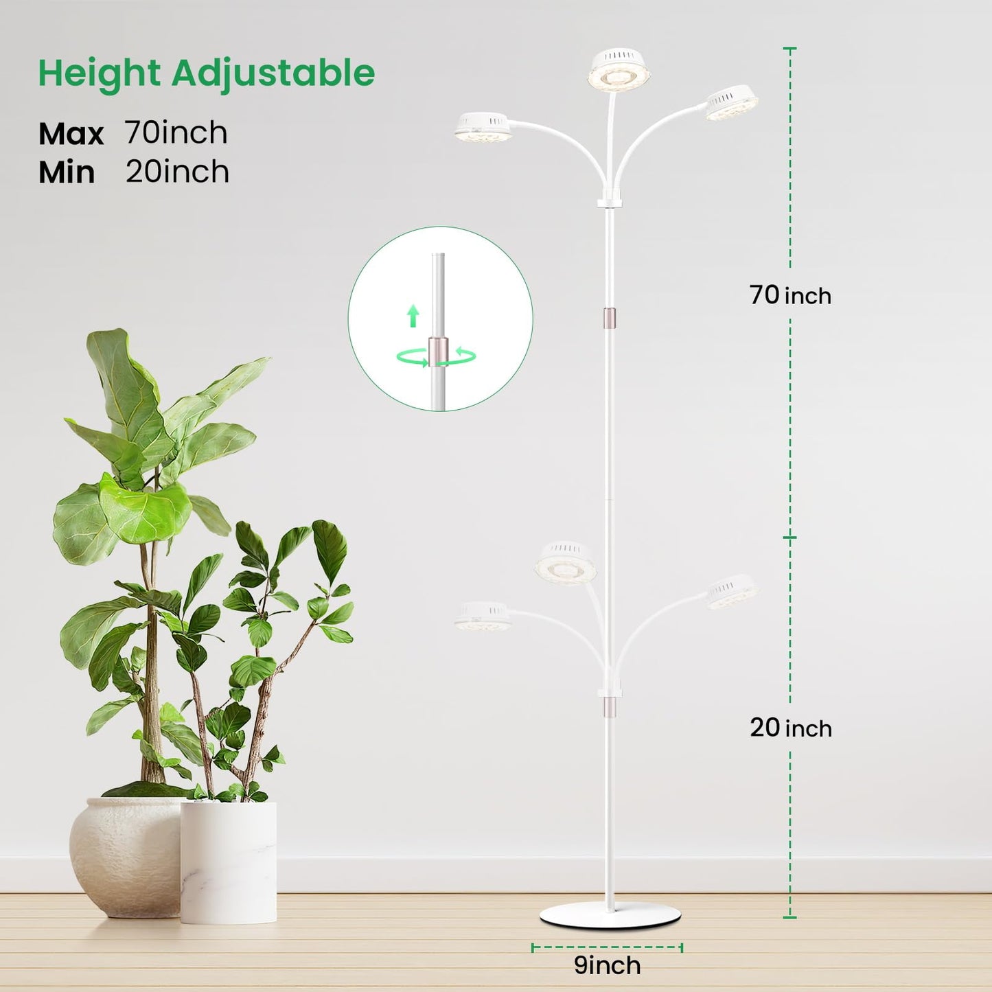 LORDEM Full Spectrum Plant Light for Indoor Growing,Tri-Head Grow Light with Stand for Large Plants,Auto ON/Off Timer 6/8/12/16H, 5 Dimmable Levels, 20-70 inches Adjustable Height