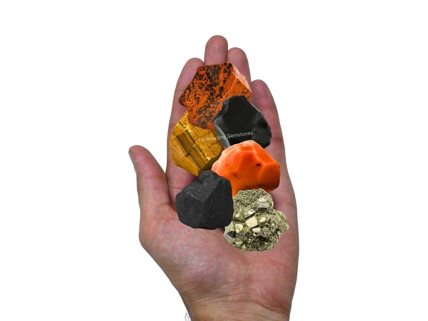 Amazing Gemstone Crystals for Protection Manifestation, Set of 6 Shungite, Pyrite, Black Obsidian, Carnelian, Tiger Eye and Mahogany Obsidian Healing Crystals and Stones