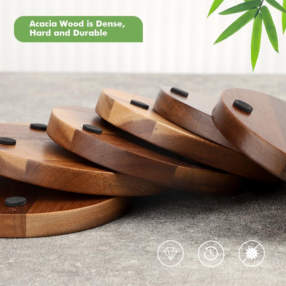 WLWNWFT Wood Cork Coasters for Drinks Absorbent with Holder, WLWNWFT Acacia Wood Coaster Sets Rustic Farmhouse for Coffee Table Dining Table Wooden Table Coasters for Desk, Set of 6 4.33in