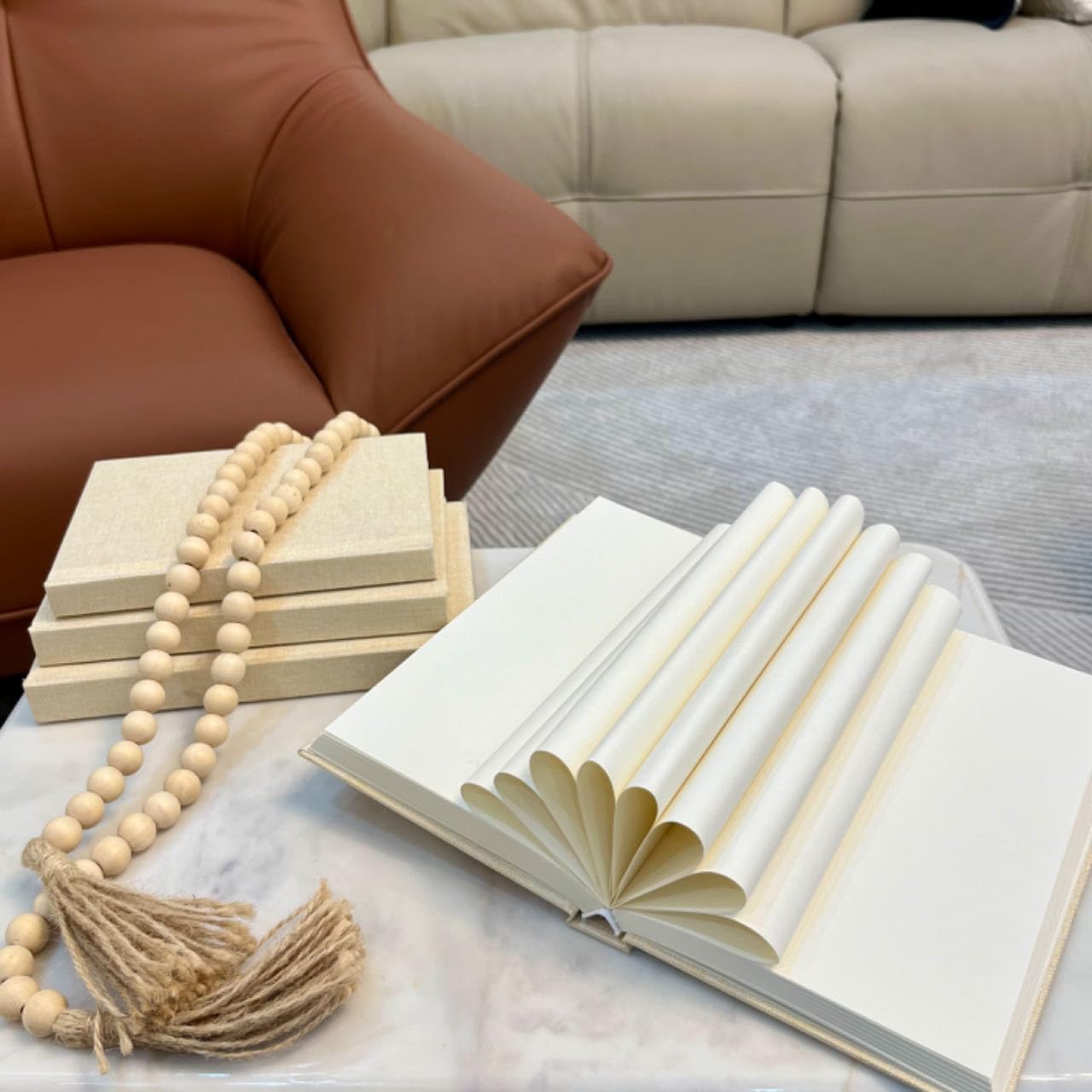 Linen Covered Decorative Books 4 Pieces, Neutral Home Decor Coffee Table Books with Wooden Beaded Tassel, Stacked Books for Rustic Farmhouse Modern, Boho, Bookshelf, Fireplace Mantel Décor, Beige