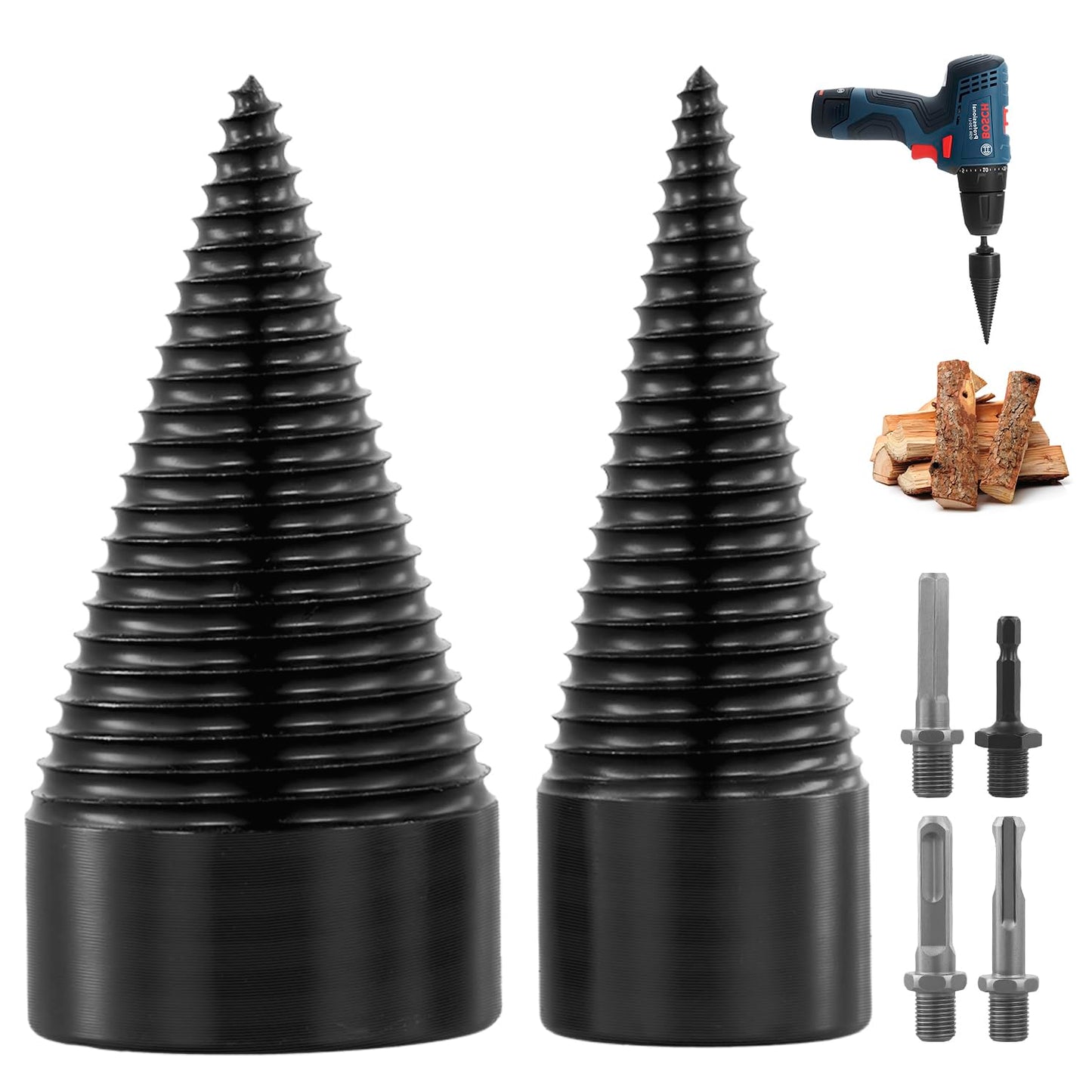 QWORK Wood Splitter Drill Bit Set, 32mm & 45mm Cone Bits – Ideal for Softwood, Firewood & Log Chipping
