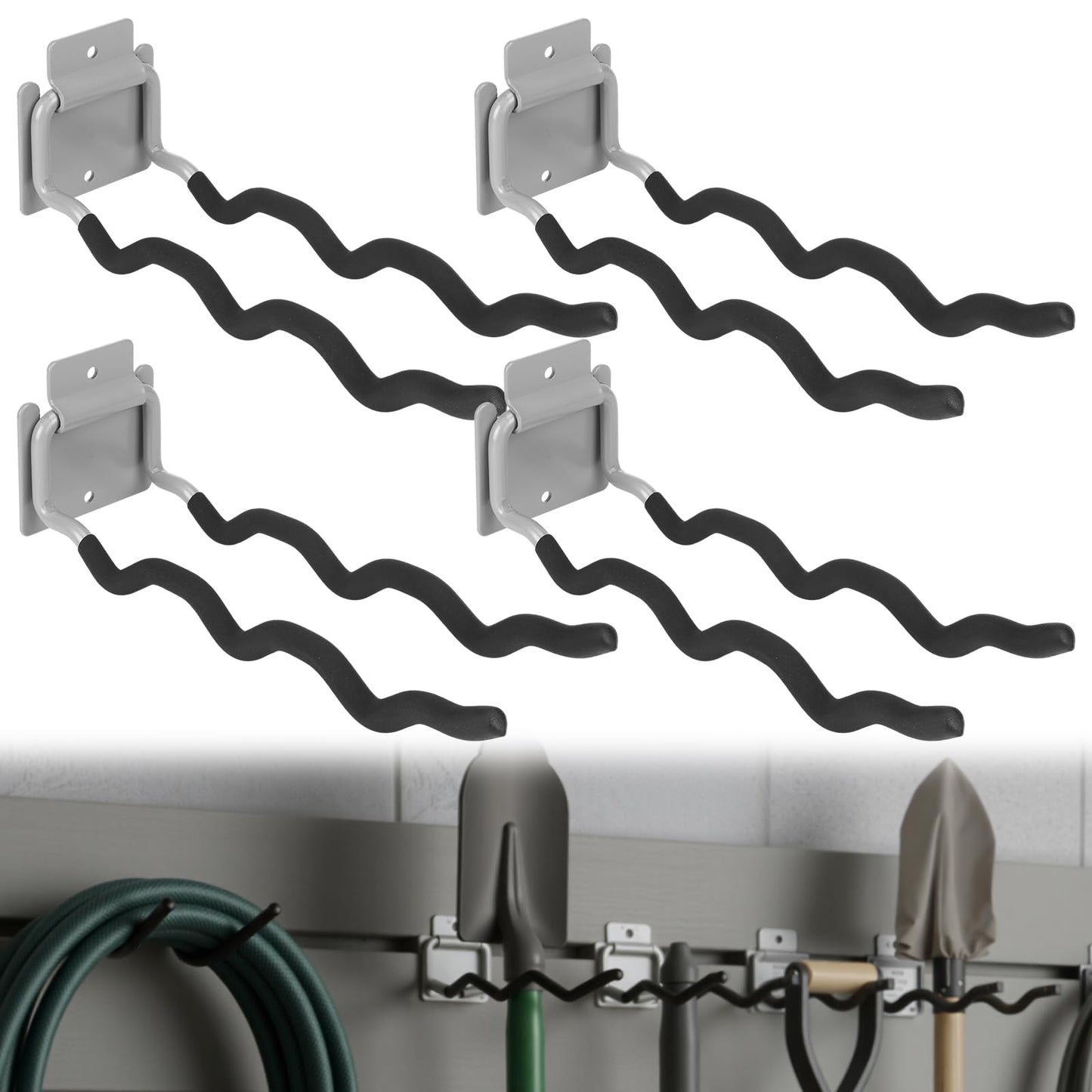 MorningRo 4 Pack Garage Hooks Heavy Duty 12" Ladder Hanger Wave Wall Mount Hanger Foldable Garage Storage Utility Hooks for Car Tires Ladder Shovels Chairs Power Tools Garden Tools Organization