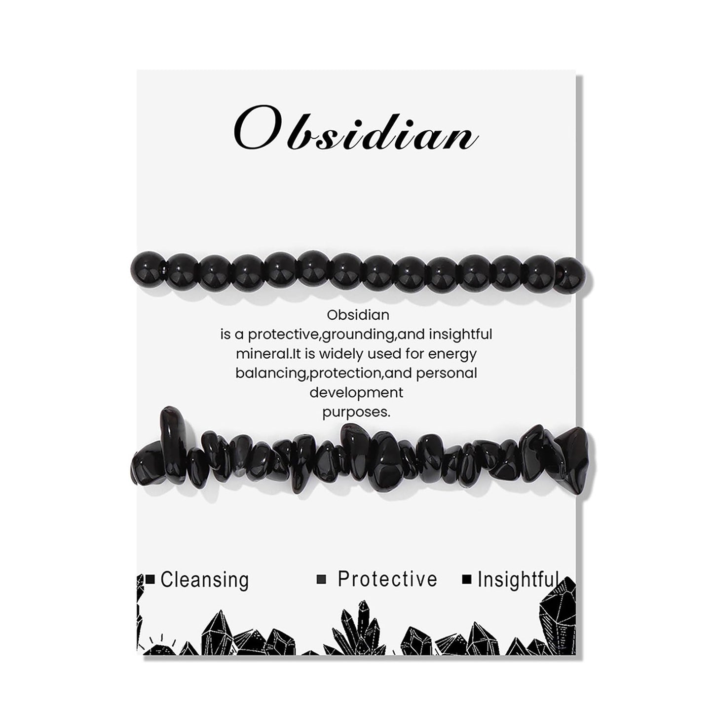 Lit Wall 2Pcs Black Tourmaline Bracelets for Women & Men, Black Onyx & Obsidian Beaded Bracelets, Elastic Adjustable Size, Black Crystal Bracelets for Unisex Adults