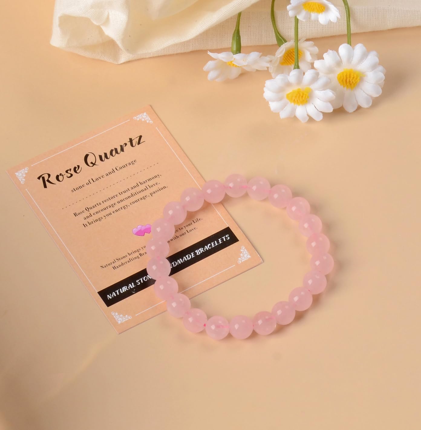 AD Beads Handmade Gemstone Stretch Elastic Bracelet Crystal Healing Reiki Nature's Beauty and Spiritual Essence Unisex (8mm, Rose Quartz)