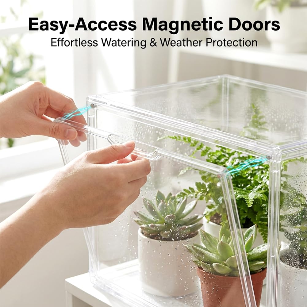 Indoor Mini Greenhouse for Small Plants, Stackable Tabletop Clear PET Greenhouse 14.2×8.7×10.7 in with Magnetic Door, Easy Assembly Plant Nursery, Includes Drainage Mats