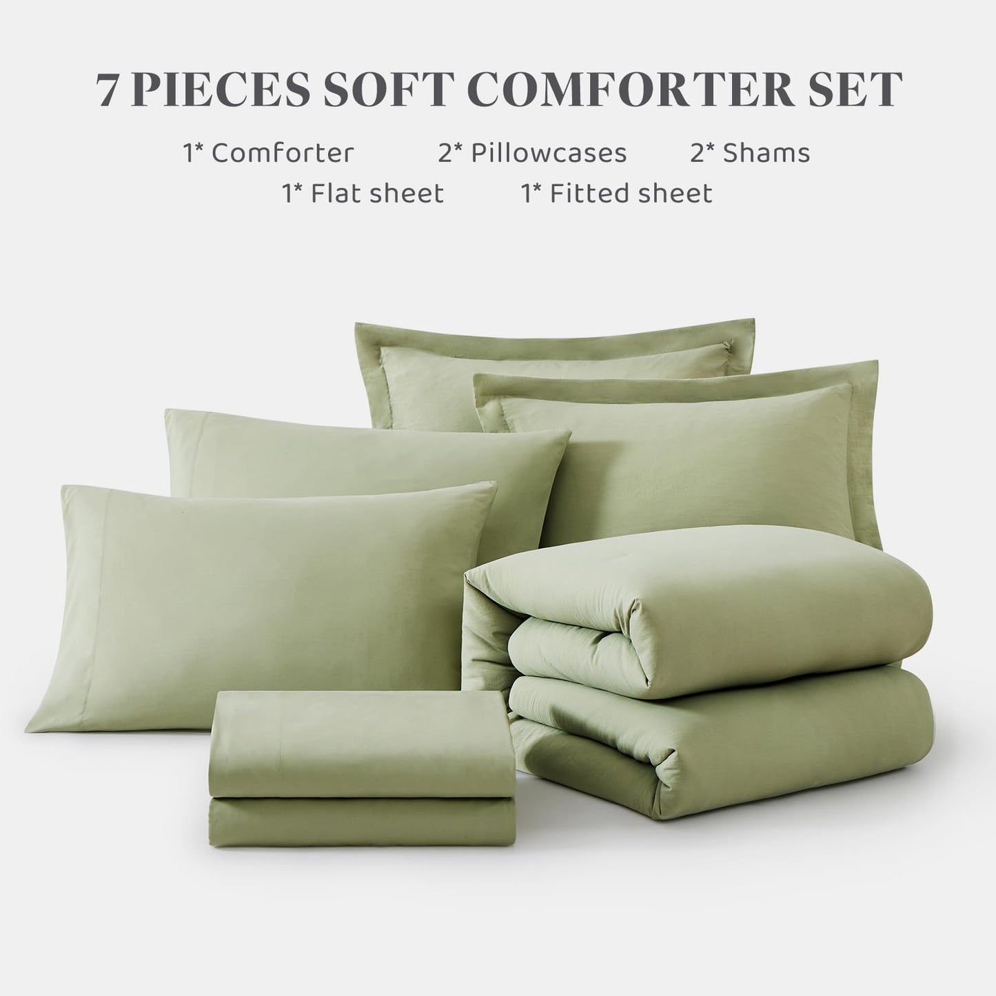 WRENSONGE Queen Comforter Set - 7 Pieces Sage Green Soft Bed in a Bag Queen with Fitted Sheet, Flat Sheet, 2 Pillow Shams, and 2 Pillowcases- Warm Bedding Sets Queen for All Season