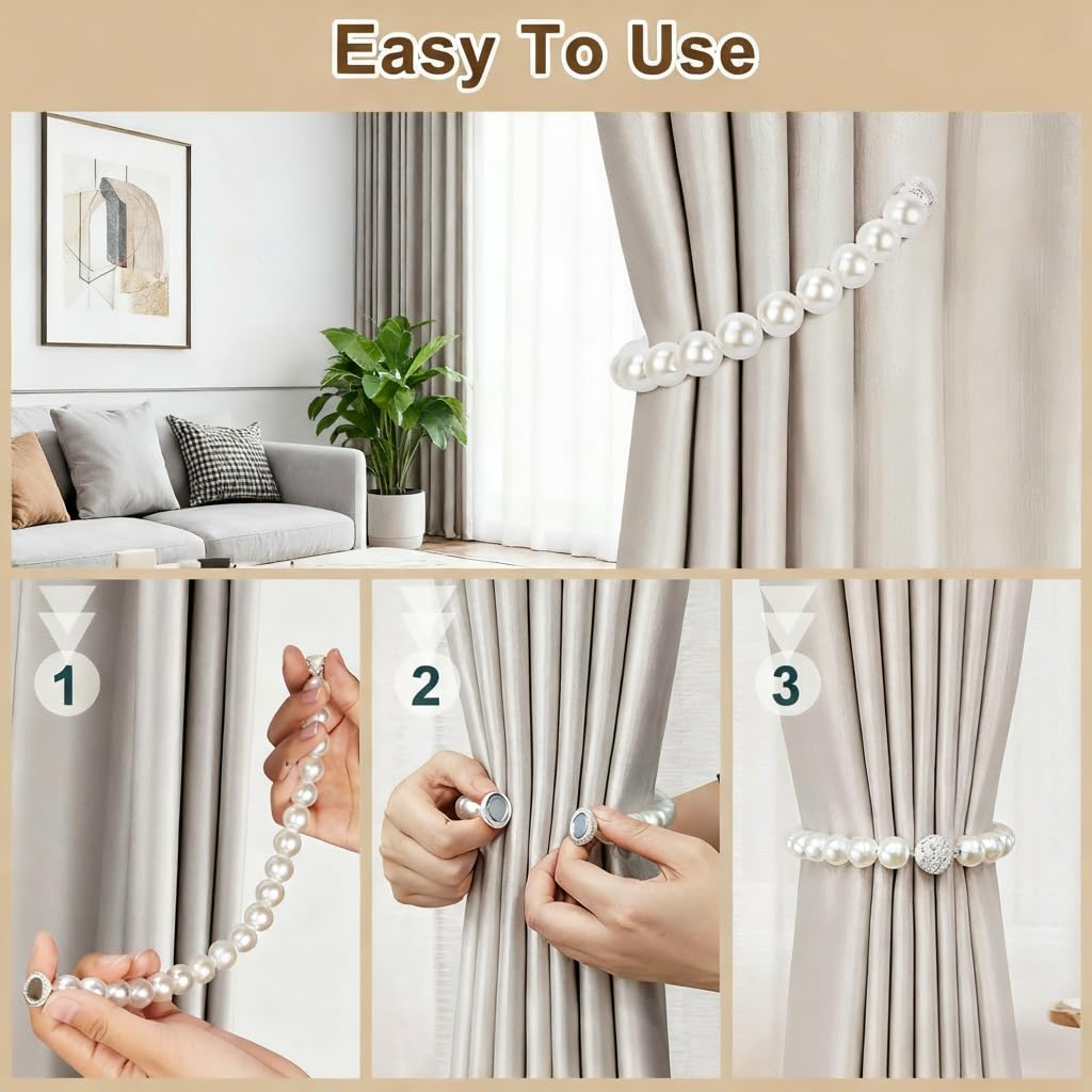 Magnetic Curtain Tiebacks, Curtain Holders for Bedroom Decor, 2 Pack Pearl Curtain Tiebacks for Home, Office, Window Decoration(White)