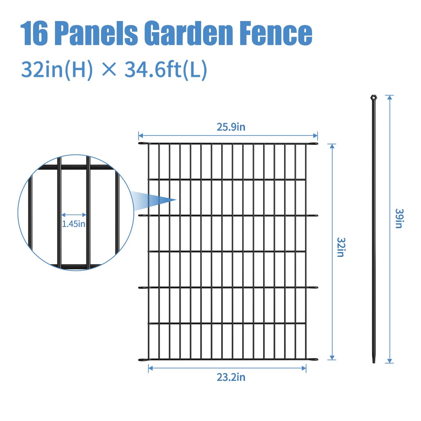GDKASRNY 16 Panels Garden Fence,Rustproof Metal Fence Panels - 32in (H)×37.8ft (L) Garden Fencing Animal Barrier with Gate,Dog Fence Outdoor for Yard