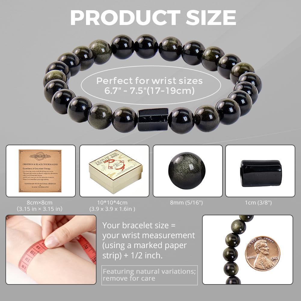 Buddha Stones Black Obsidian Bracelet with Black Tourmaline, Black Stone Bead Bracelet for Men & Women, Unisex Good Luck Bracele for Protection Positive Energy, Healing Crystal Bracelet for Anxiety Relief, Includes Gift Box & Card - 8MM