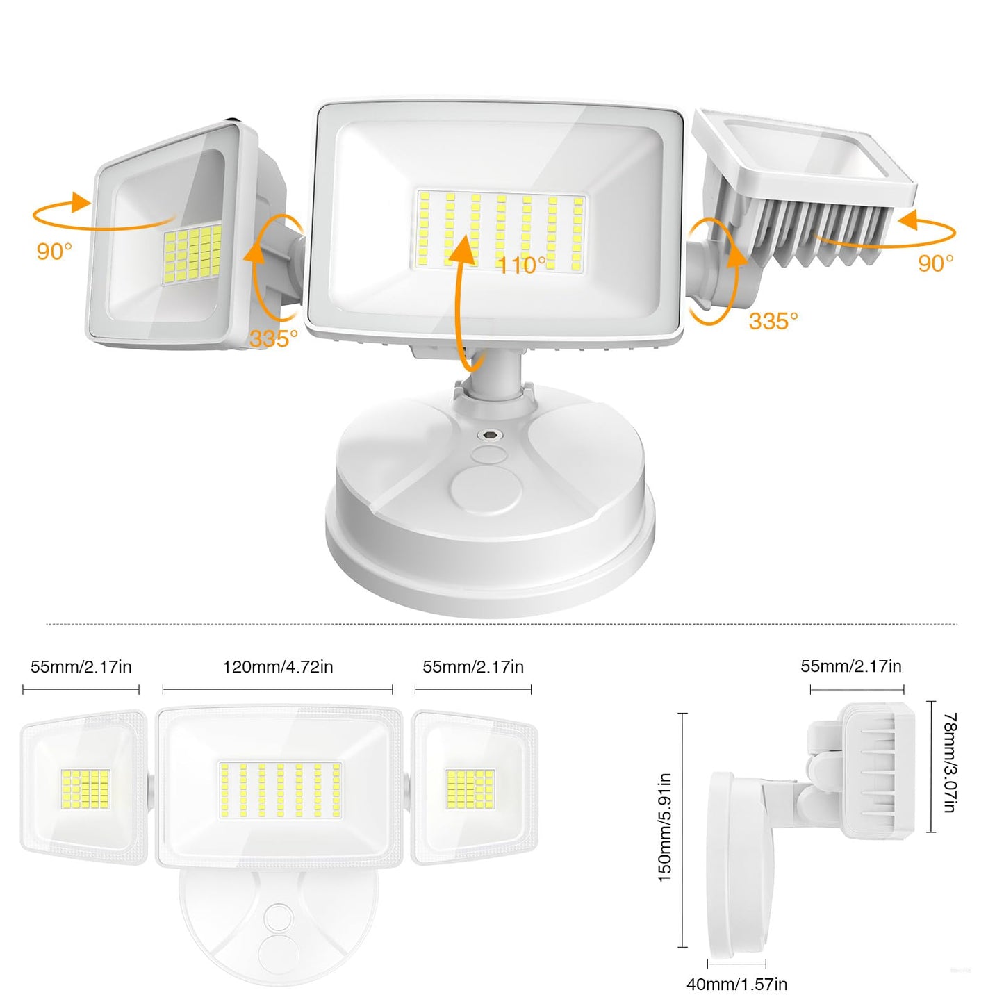 Onforu 75W Flood Lights Outdoor, 7000LM Brightness Security Lights Switch Controlled, 3 Adjustable Heads, IP65 Waterproof, 6500K Wall Mount Exterior LED Flood Light