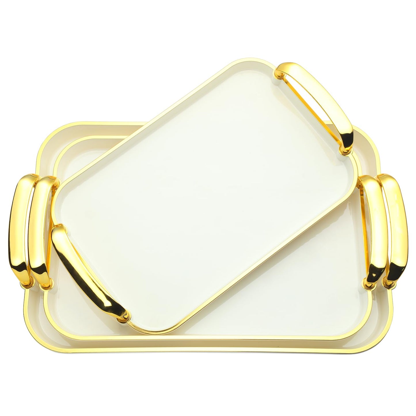 Zufudo 3 Pack Serving Tray with Handles, Stackable Reusable Trays for Serving Food, Plastic Serving Platters for Party, Charcuterie, Fruit, Appetizer, Cream Gold