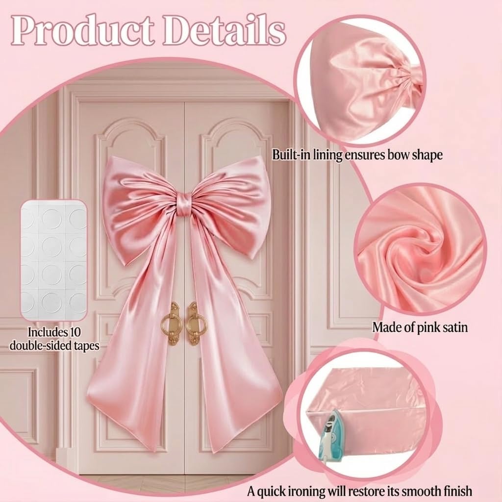 40*24 Inch Satin Ribbon Large Pink Bow, Giant Bow Decor with Premium Satin, Reusable 3D Shape and Easy Hang, Ideal for Coquette Party Decorations, Wedding, Bridal Shower, Backdrop and Bedroom Decor