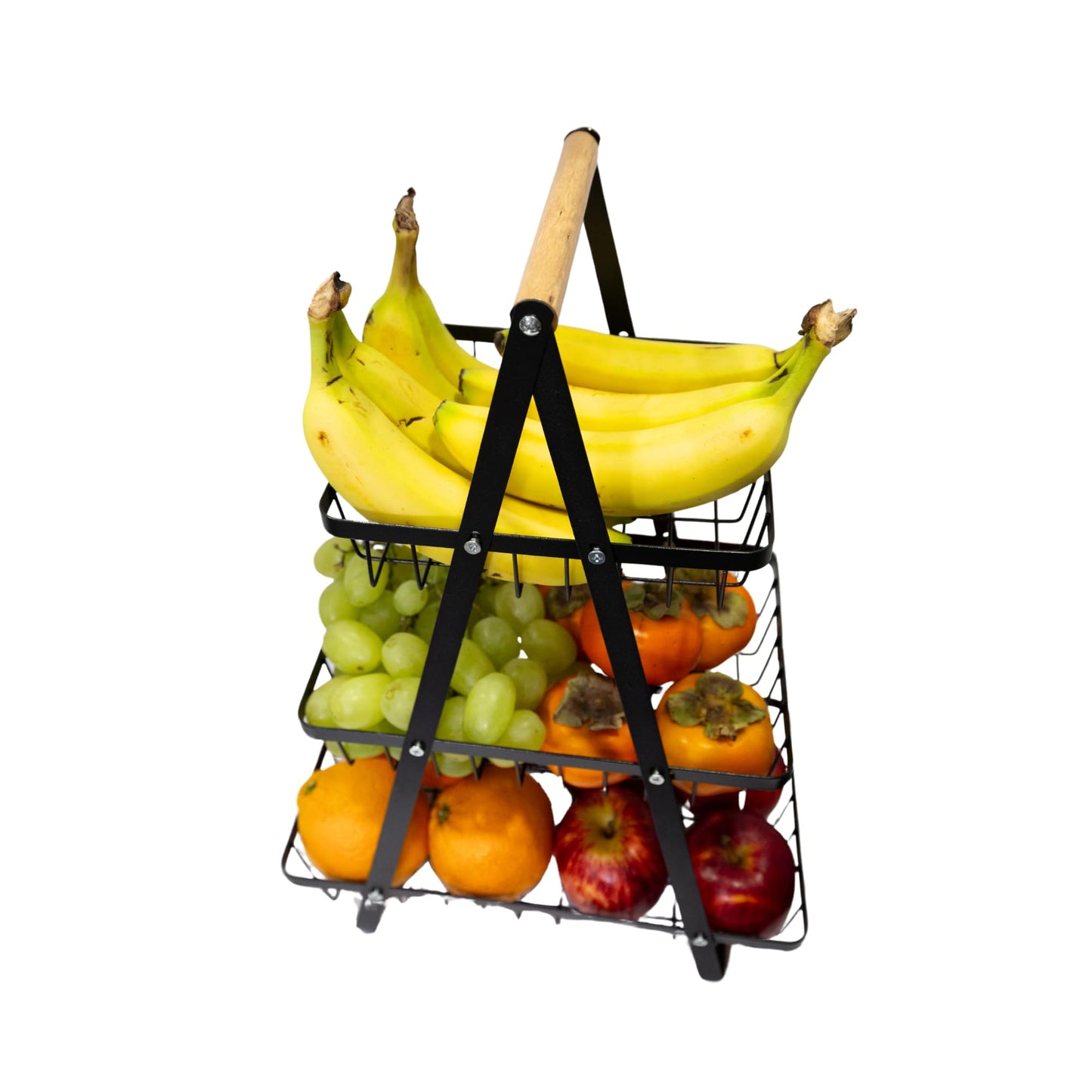 3-Tier Kitchen Countertop Storage Basket with Wooden Handles Perfect for Fruits, Snacks & Bread