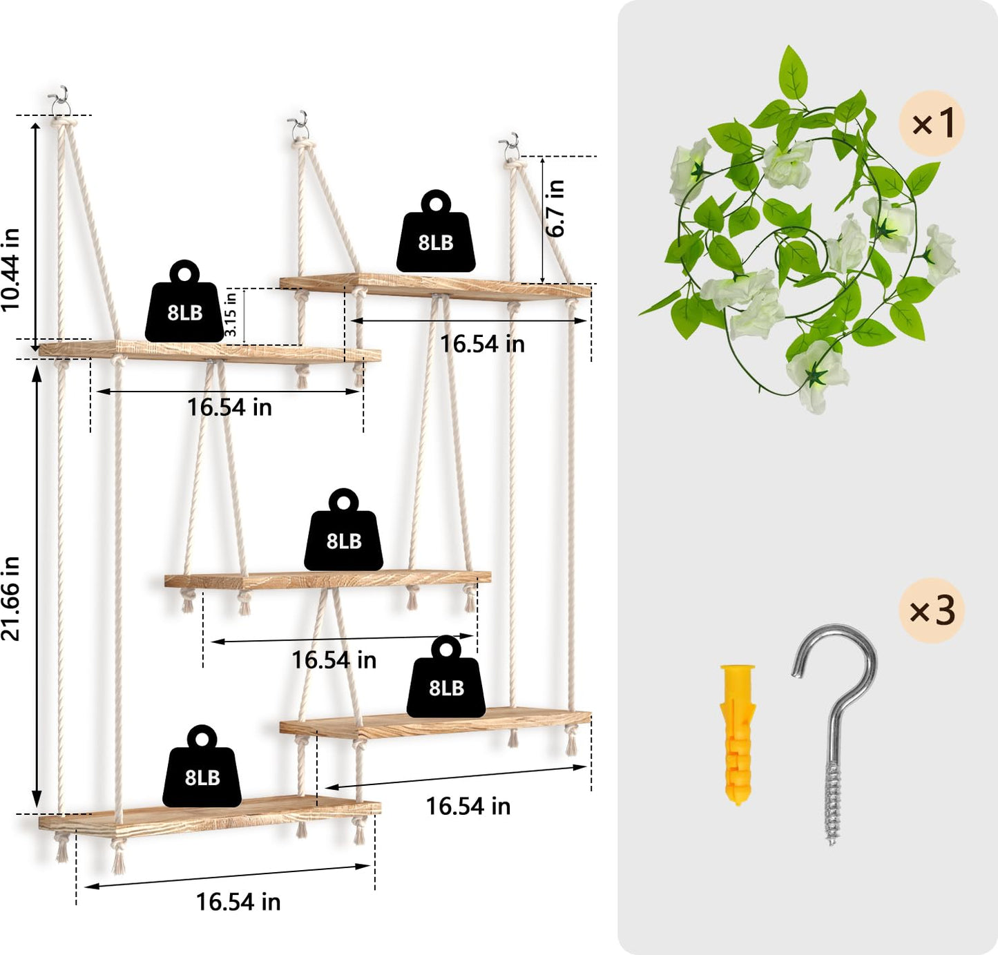 FKSLIFE Hanging Shelves for Wall,Macrame Hanging Plant Shelf with Vine Lights 5 Tier Rope Floating Shelf Wood Organizer Storage Rack Boho Wall Decor Aesthetic for Succulents Bedroom Bathroom Kitchen