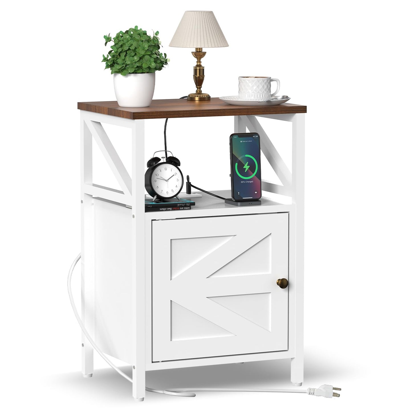 Farmhouse Side Table with Charging Station -3-Tier USB Ports & Outlets End Table, Compact Bedside Storage Table for Small Spaces, Multi-Functional Accent Table for Bedroom, Living Room, Couch Entryway
