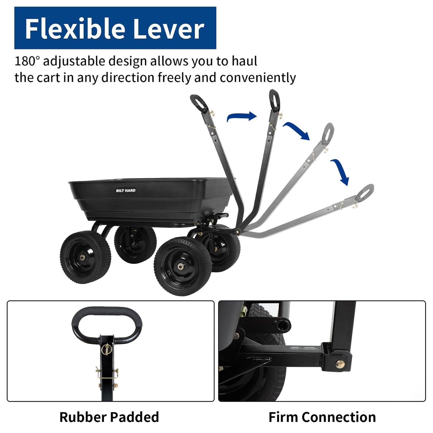 BILT HARD Poly Garden Dump Cart 1200 lbs with No Flat Tires, Quick Release, 2-in-1 Convertible Handle, 7 Cu Ft Dump Wagon Heavy Duty for Yard, Outdoor