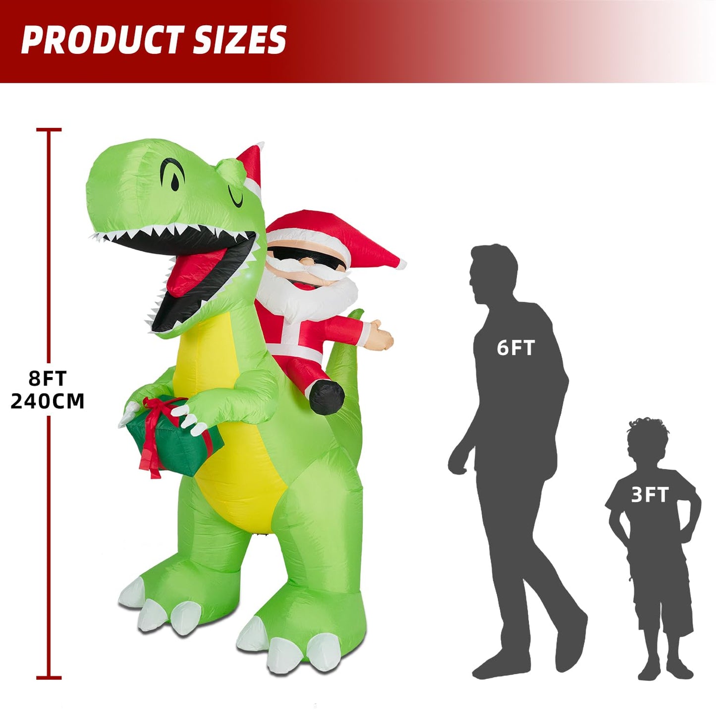 ININ 8FT Christmas Inflatables Santa Claus Riding Dinosaur Decorations Outdoor,Christmas Blow Up Santa Claus Yard Decorations Built-in LED Lights,Holiday Party Decor,for Yard/Lawn/Garden.