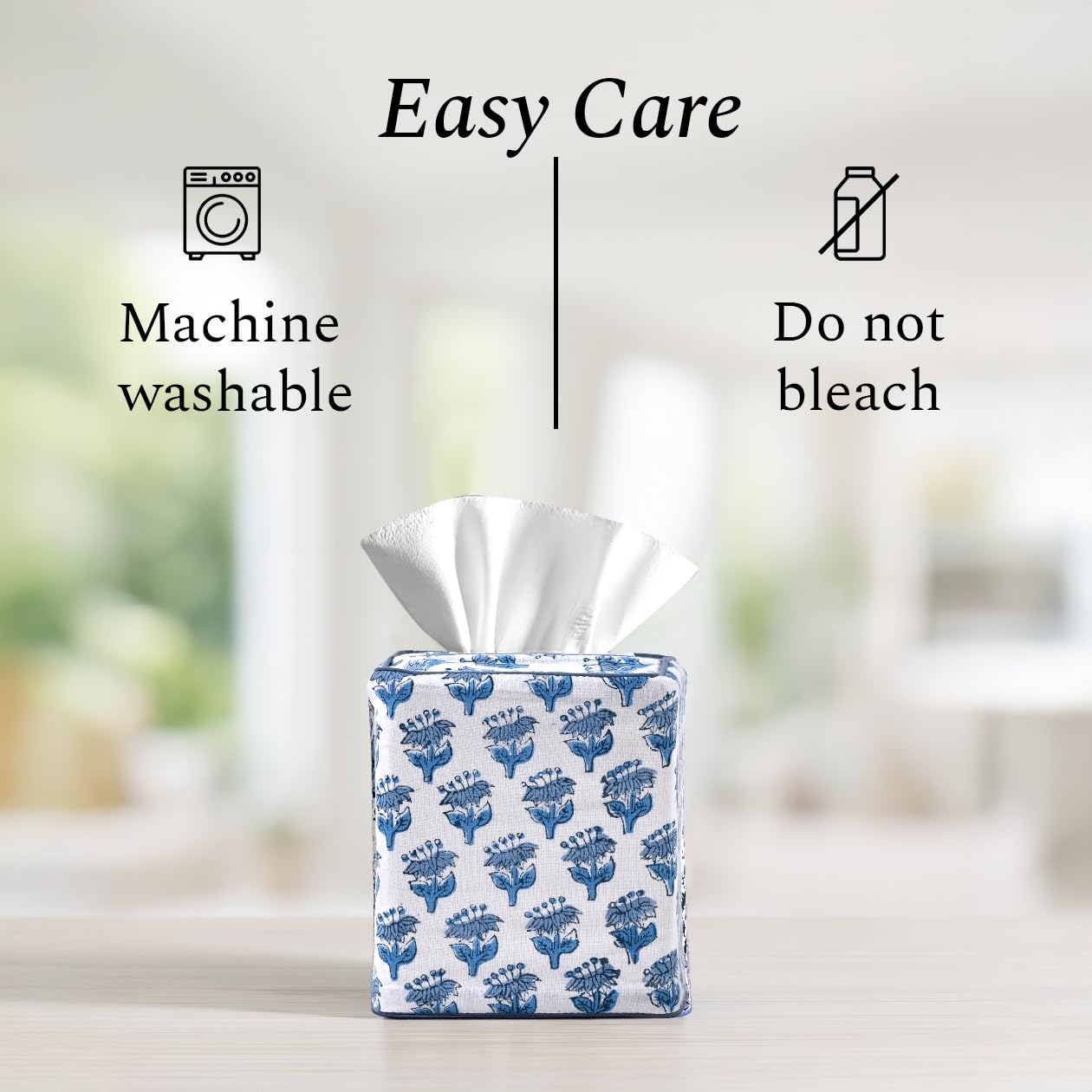 CPC Apatite Blue Hand Block Printed Cotton Tissue Box Cover 5" x 5" x 5.5" Square Soft Reusable Boho Napkin Holder for Home Kitchen Dining Bathroom Office Cafe Spa, Gift for Spring, Mother's Day