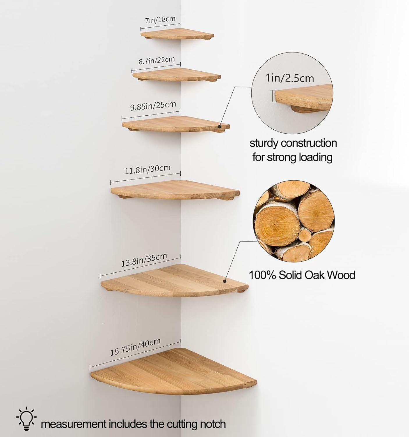 Conamily Corner Shelf, Solid Oak Wood Floating Corner Shelf Wall Mount Round End Floating Speaker with Wire Hole for Small Plant Photo for Bedroom Kitchen, Living Room