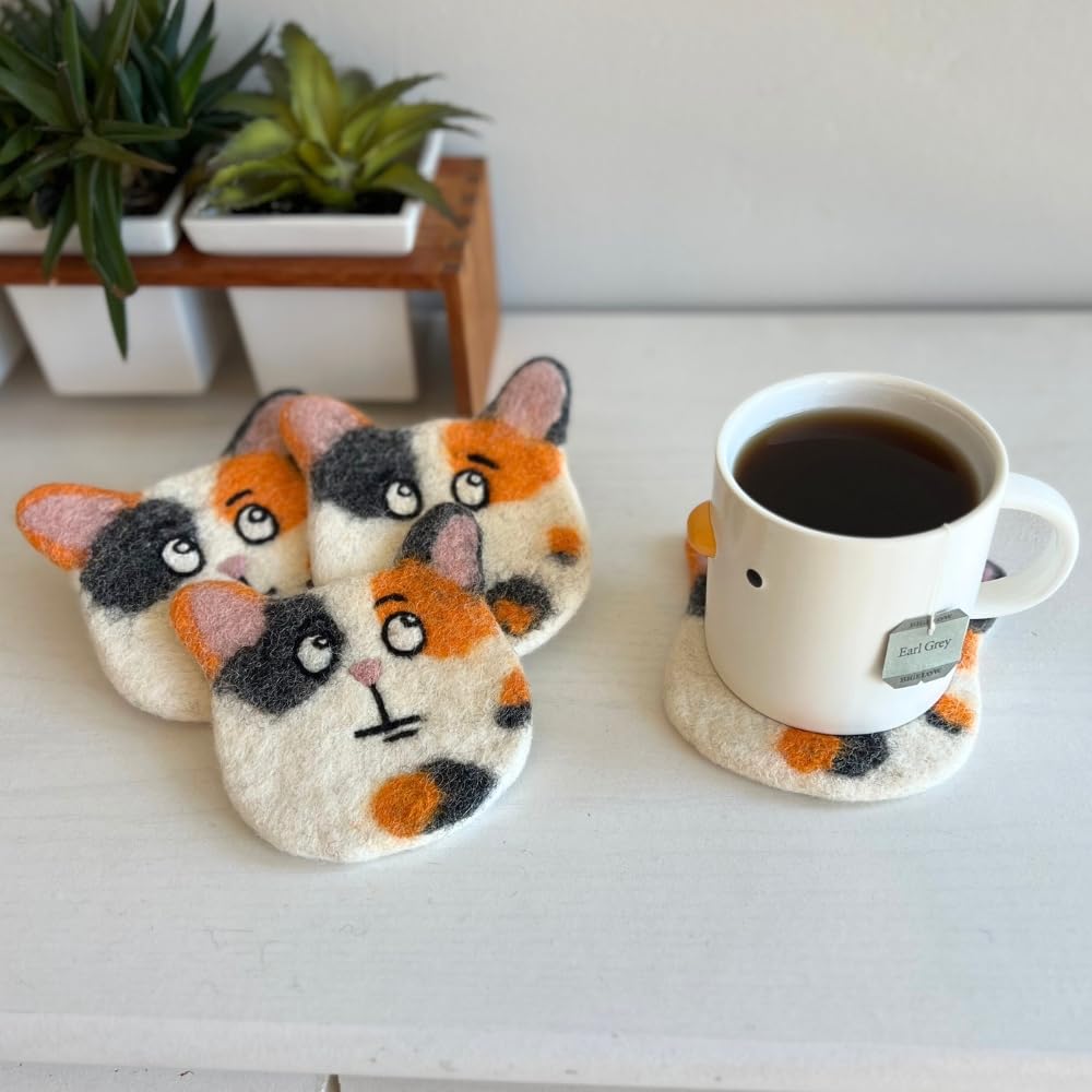 Humble Hilo Handmade Animal Felt Coaster Set of 4, Absorbent Coaster for Animal Lover (Calico Cat)