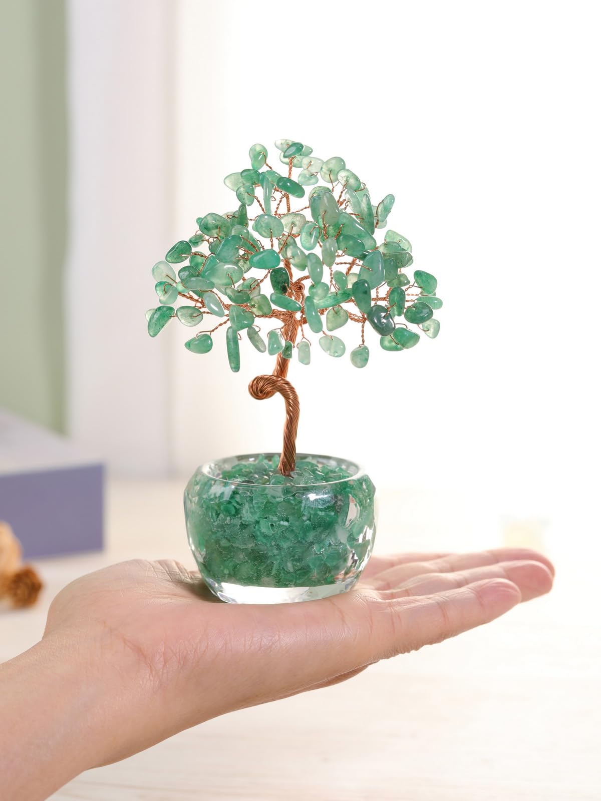 Top Plaza Healing Crystals Green Aventurine Crystal Tree with Glass Base Handmade Natural Gemstone Life Tree Mini Bonsai Money Trees Good Luck Home Office Desk Decor