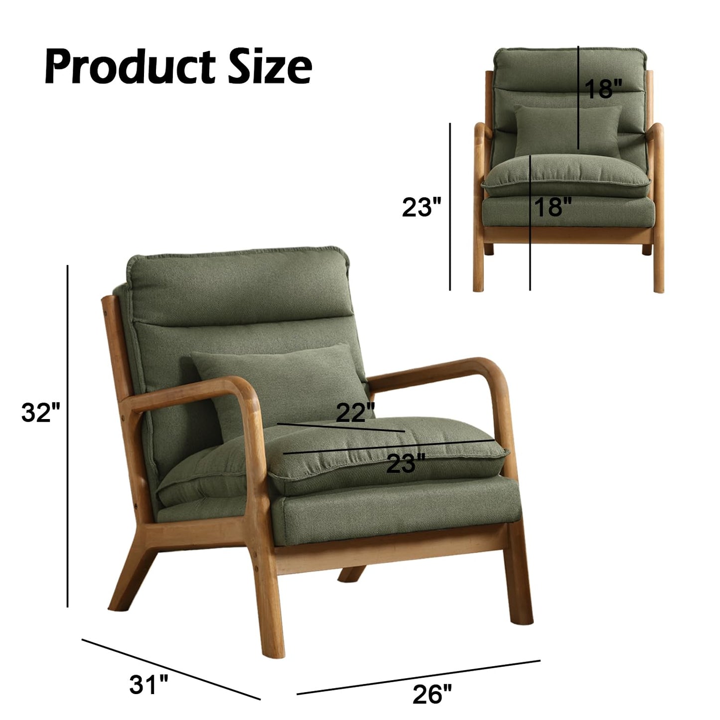 INZOY Mid Century Modern Accent Chair with Wood Frame, Upholstered Reading Armchair with Waist Cushion, Double Padded Accent Chair, Side Chair for Living Room Bedroom Office, Easy Assembly, Green